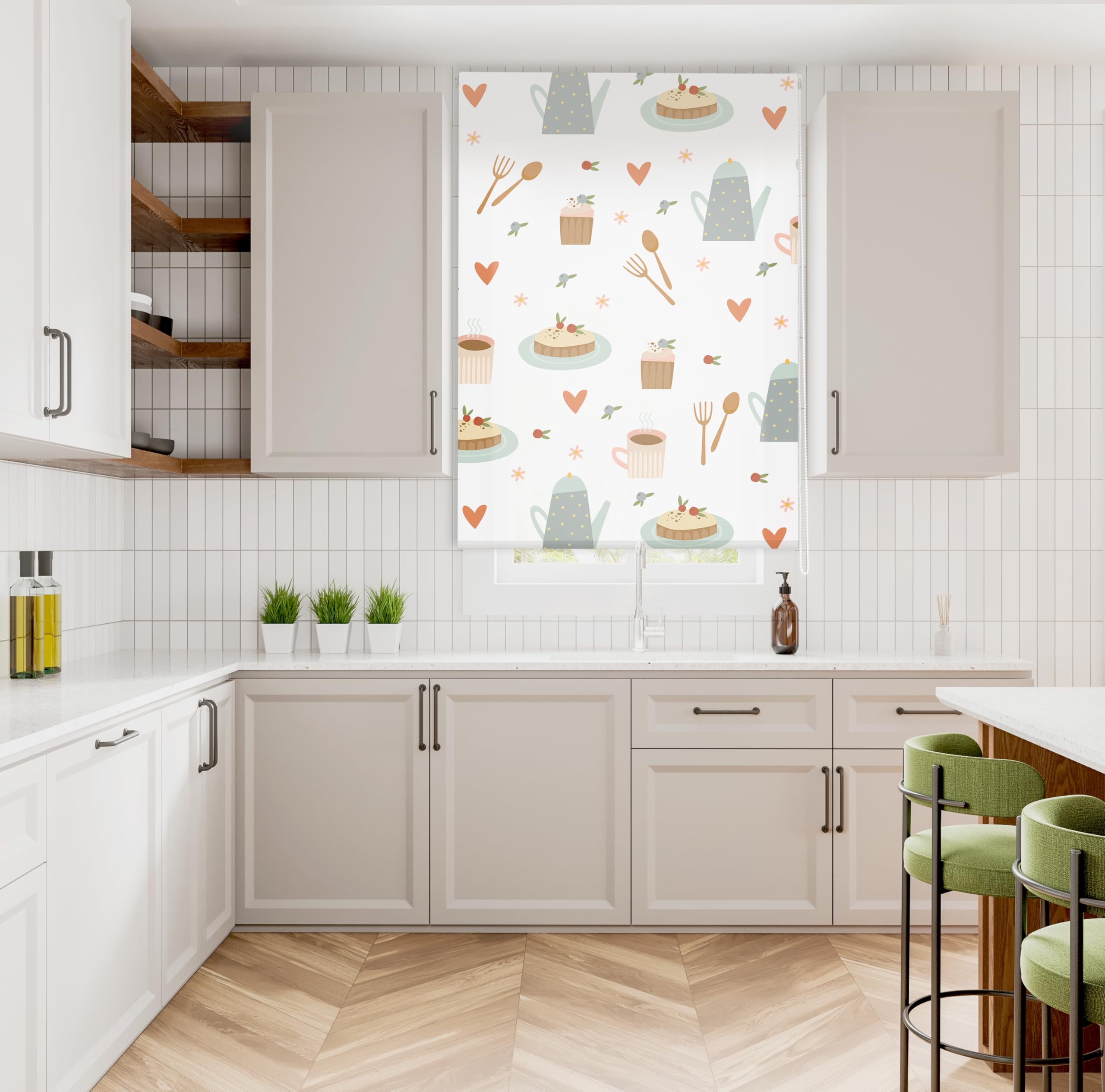 Blindecor Digital | Estor Enrollable Translúcido Estampado |Familia Cocina| Modelo C-TETERIA | 110 x 180 cm (Ancho por Alto) Tamaño de la Tela 106 x 175 cm | Estores para Ventanas