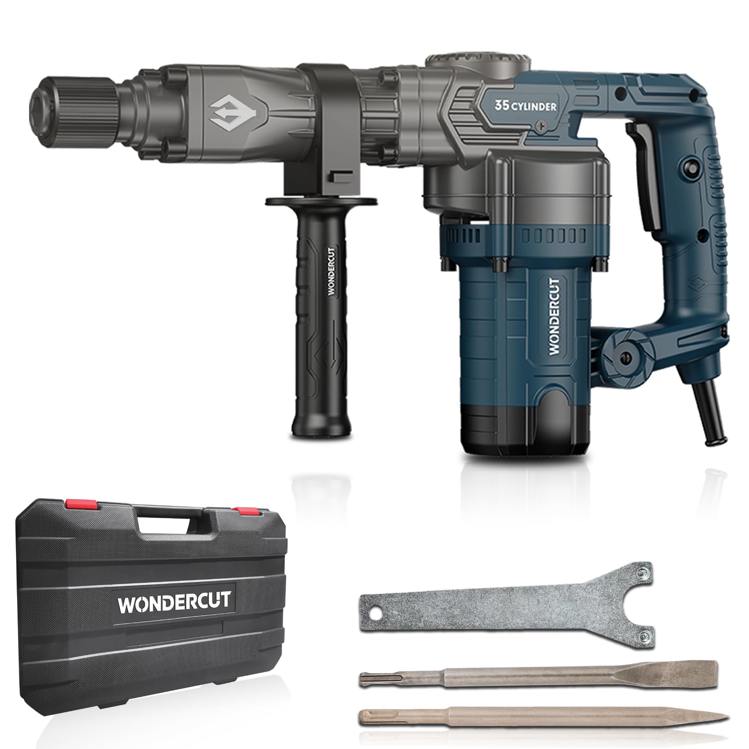 WONDERCUT WC-DHP-008-B Heavy Duty Demolition Hammer with 35mm Cylinder, 100% Copper | 1800W, 3850 BPM, 23J Impact | Includes 2 Pcs 17mm Hex Chisel & Spanner, BMC Box | Professional Use | Blue & Black-image-30