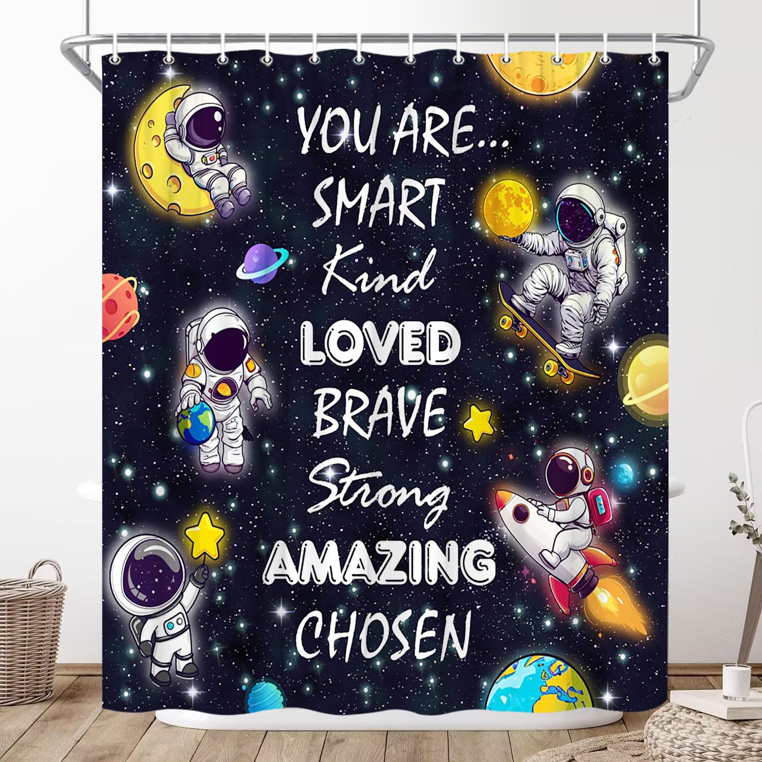 JONSEQIN Astronaut Shower Curtain Cartoon Galaxy Rocket Funny Cute Boy Outer Space Adventurer Hero Outer Space Planet Rocket Inspirational Quotation Polyester Fabric Bath Decor with Hooks