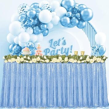 FANPROMS Sequin Table Skirt 9FT Baby Blue Table Skirts for Rectangle Square Round Tables Decor Sequin Ruffle Tables Skirting Glitter Sequins Desk Cover for Bridal Baby Shower Party Decor Supplies