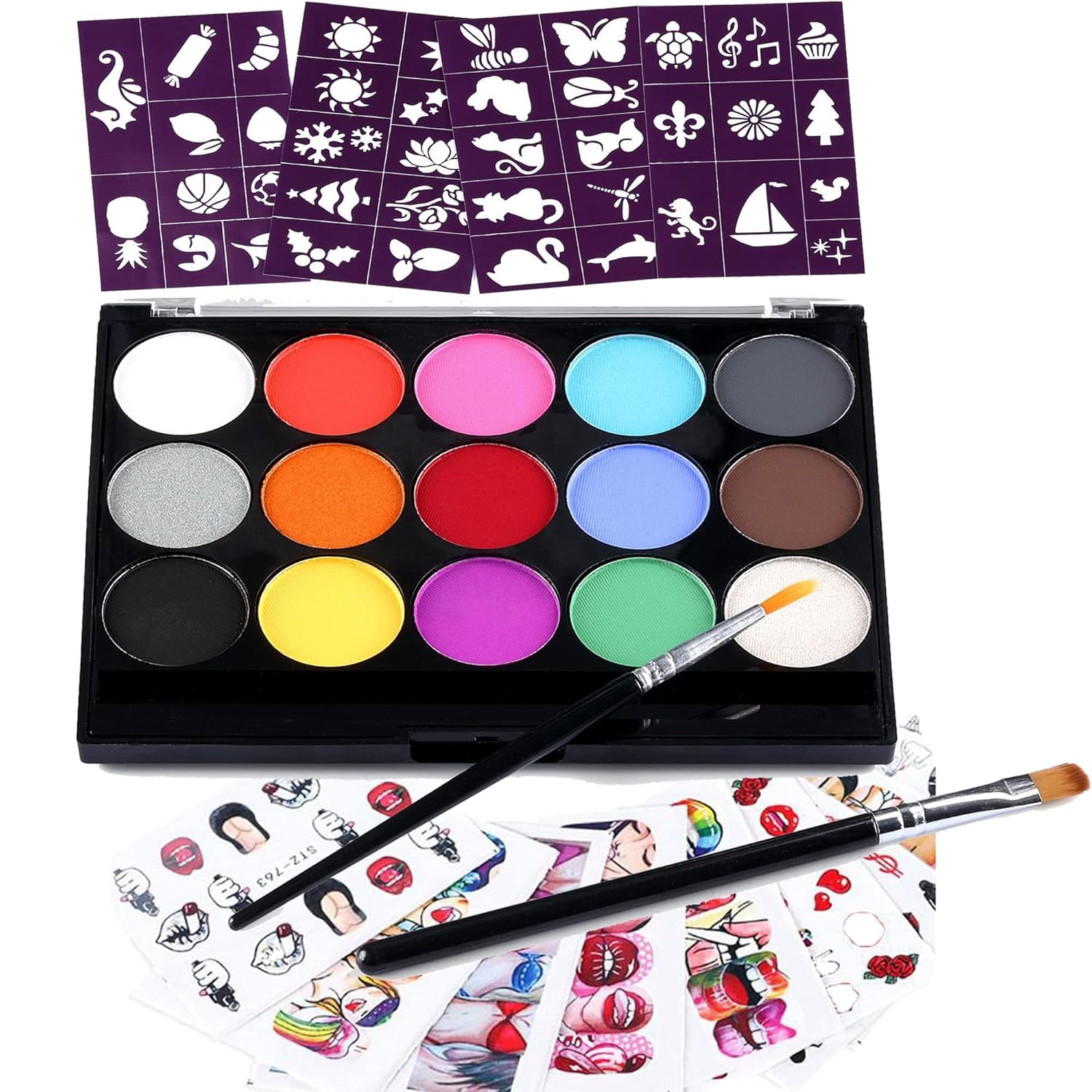 CCbeauty 15 Colors Face Body Paint Water Activated Makeup Palette Non Toxic Halloween Costume Cosplay Birthday Party Theater & Stage Face Painting Kit with 2 Art Brushes,4 Sheets Stencils,9 Sheets Nail Stickers : Everything Else