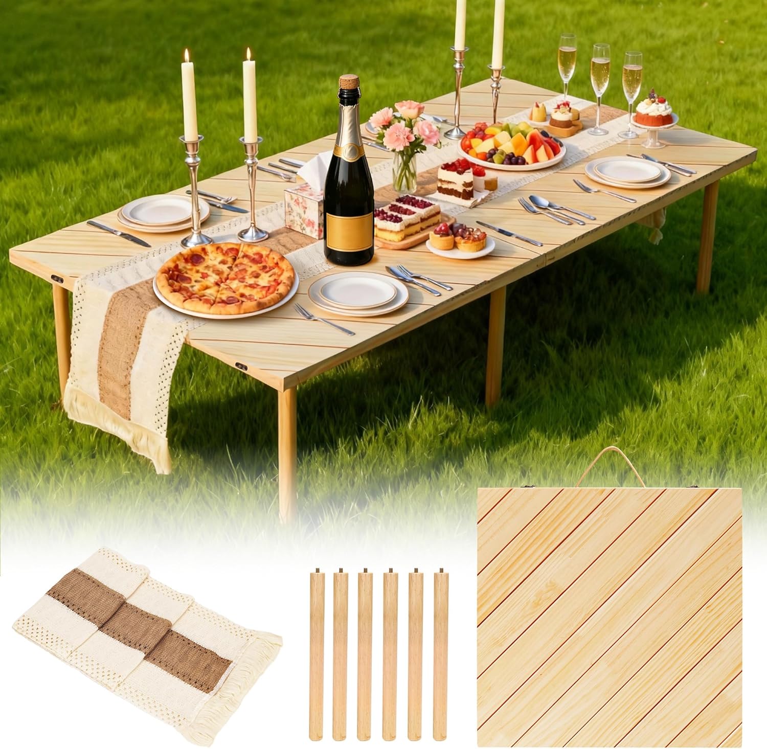 Folding Picnic Table with Boho Table Runner 60" x 30" Wooden Low Table, Portable for Indoor Outdoor Use Ideal for Camping Beach Weddings Garden Parties (Seats 6)