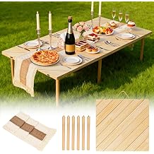 Folding Picnic Table with Boho Table Runner 60" x 30" Wooden Low Table, Portable for Indoor Outdoor Use Ideal for Camping Beach Weddings Garden Parties Seats 6