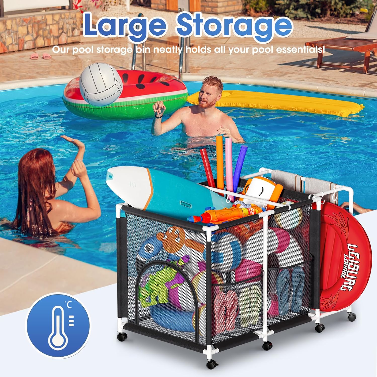 Outdoor Pool Storage Bin with Wheels, Heavy-Duty ABS Frame & Mesh Pool Float Organizer for Pool Toys, Noodles & Accessories, Easy Assembly Toy Storage Container for Backyard(52.7"X32.2"X35.4")