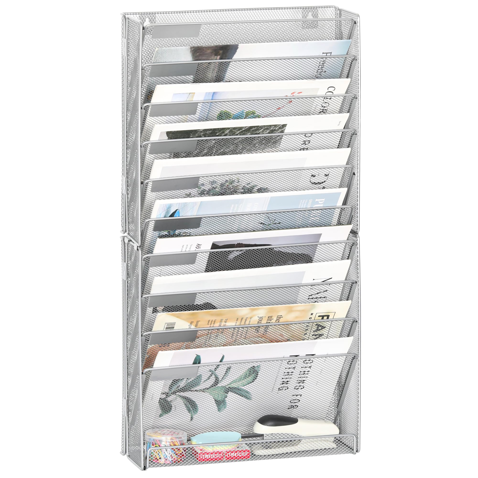 EasyPAG Wall File Holder 10 Tier Mesh Hanging Folder Organizer with Flat Tray Wall Mounted Mail Organizer Magazine Paper Desk Shelf with Nametag Label