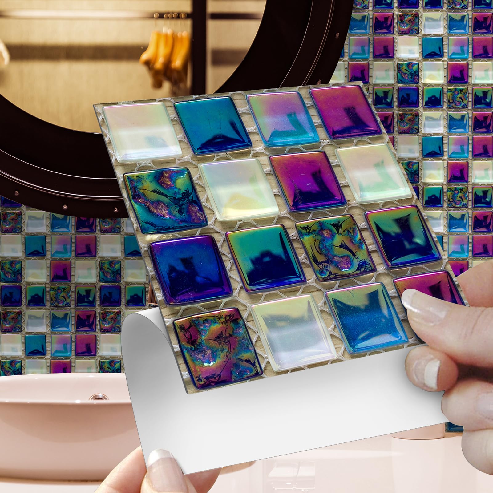 Targawerelax Purple Mosaic Tile Stickers For Kitchen, Stick On Tiles For Bathroom Wall Self Adhesive Waterproof Vinyl Peel And Stick Wall Tiles Covers, Kitchen Splashbacks For Walls, Colorful Gorgeous