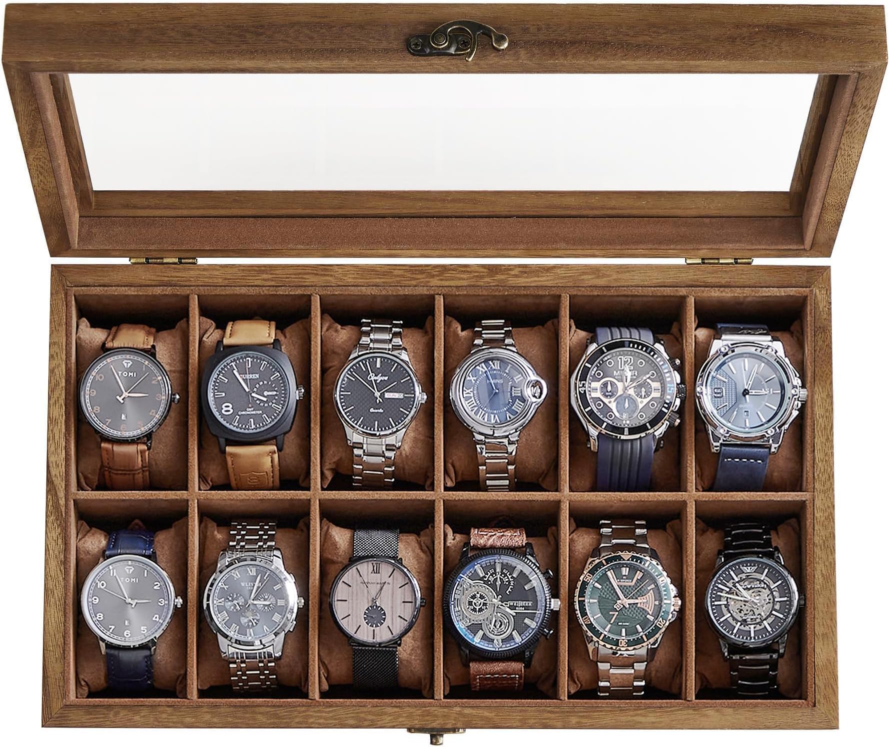 SONGMICS 12-Slot Wood Watch Box - Watch Case, Watch Box Organizer with Large Glass Lid, Watch Display Case with Removable Pillows, Gift for Loved Ones, Rustic Walnut UJOW120K01