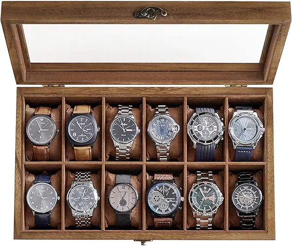 SONGMICS 12-Slot Watch Box, Watch Display Case with Large Glass Lid, Removable Watch Pillows, Velvet Lining, Gift Idea, Rustic Walnut UJOW120K01 1 layer (12 Slot) Rustic Walnut