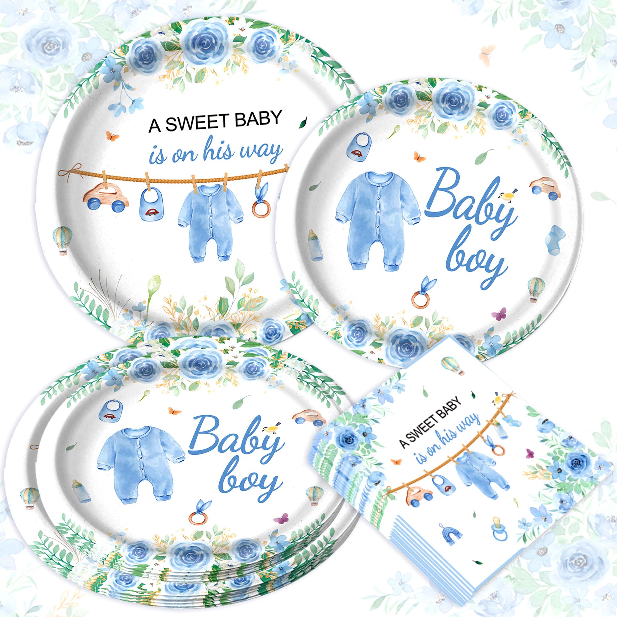 BACH AND BOUJEE Green Baby Shower Plates Napkins Blue Baby Boy Party Tableware Dinnerware A Sweet Boy is On His Way Paper Plates for Gender Reveal Party Supplies Serve 10 Guests