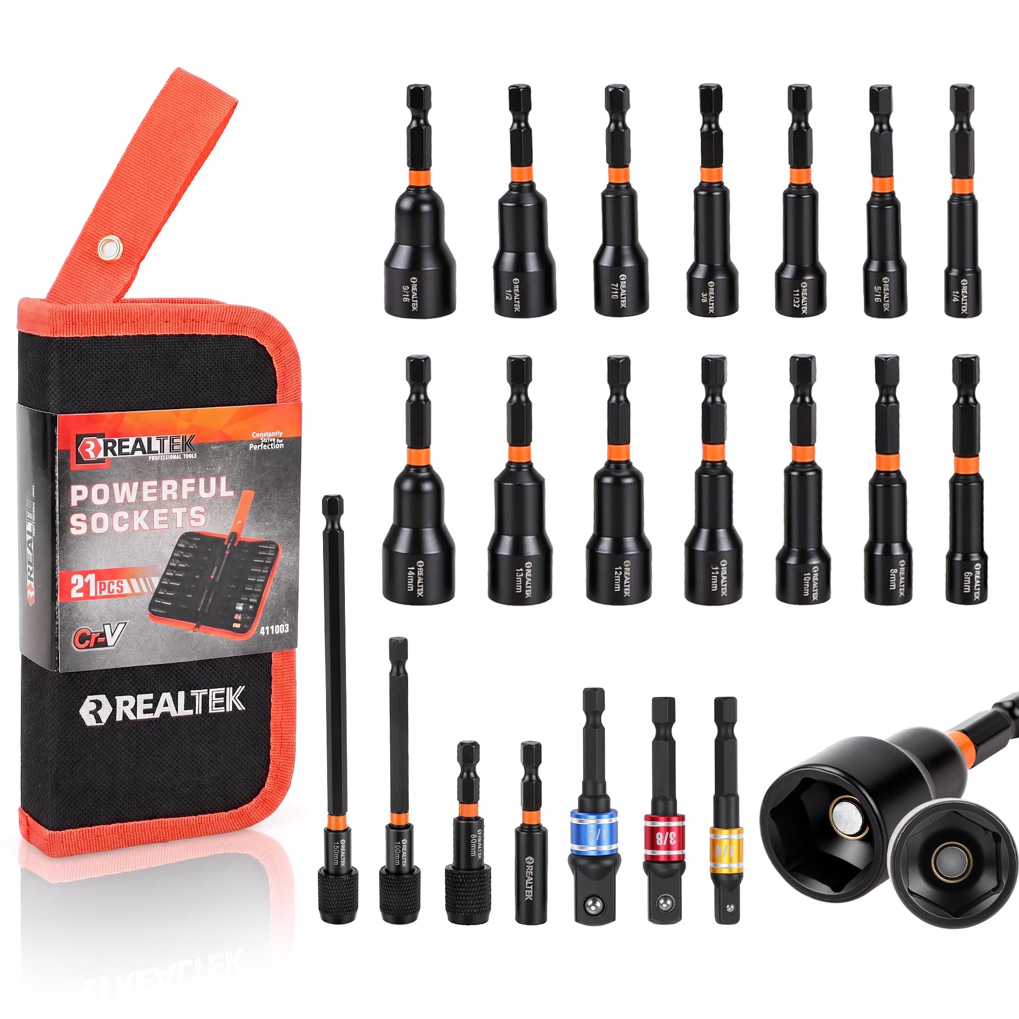 REALTEK 21PCS Magnetic Nut Driver Set, Impact Drill Driver Bit 1/4"