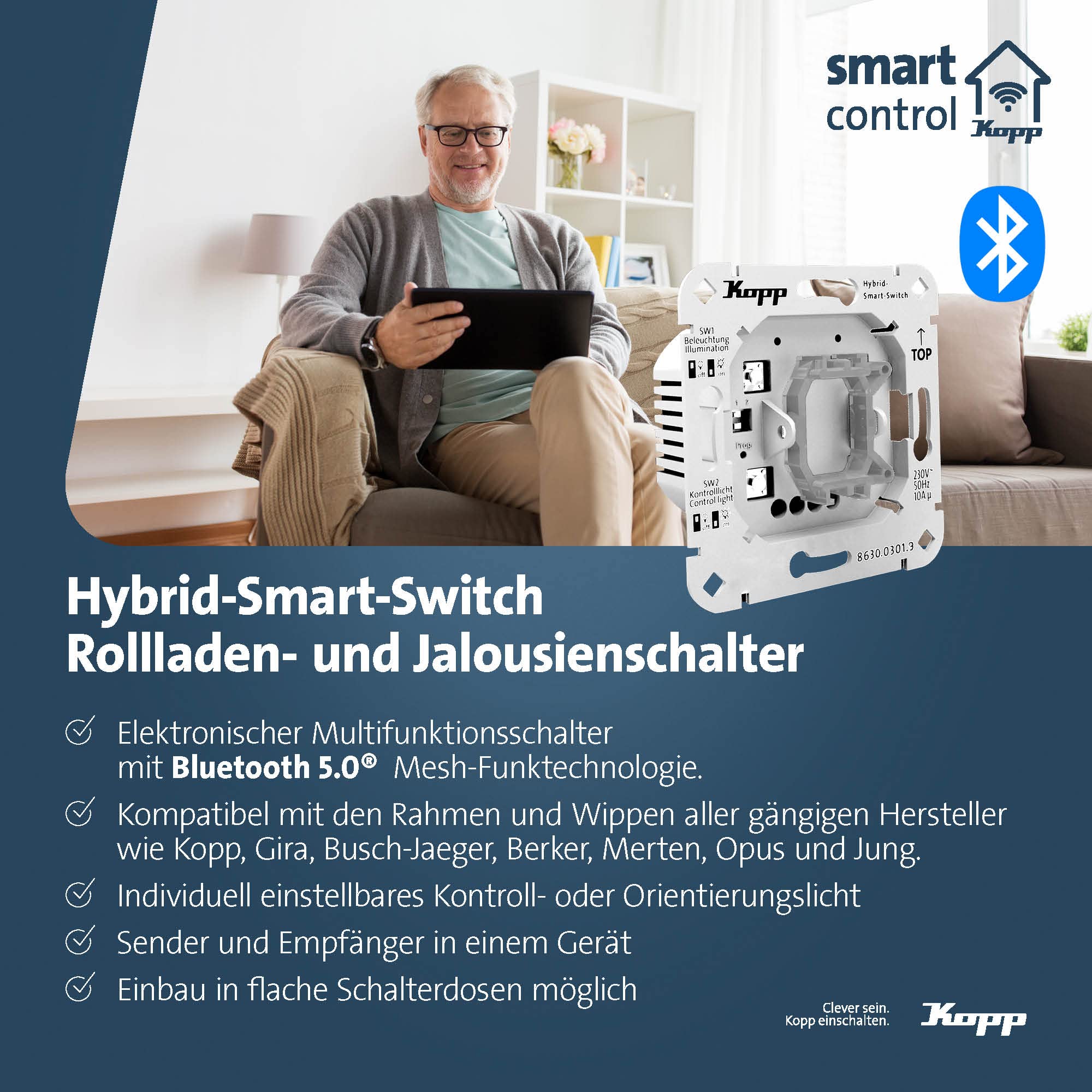 Kopp Smart-Control Hybrid-Smart Switch zur Rollladen-, Jalousien- u. Markisensteuerung mit Wippenaufnahme für Kopp & versch. Schalterhersteller, Amazon Alexa, Google Home, 833304018