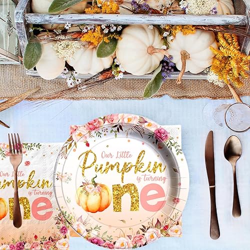 Miniatura 6 de Decoraciones de primer cumpleaños de calabaza pequeña para niña, 142 piezas, Our Little Pumpkin is Turning One, vajilla desechable de calabaza