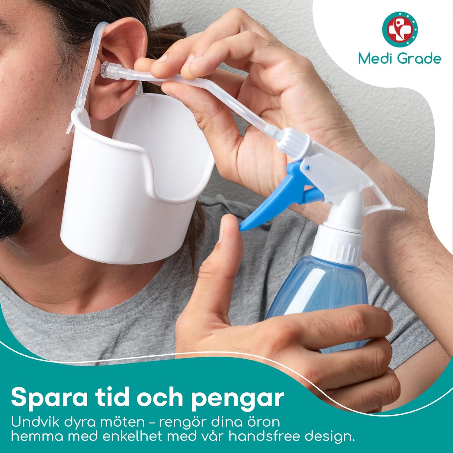 Person using the Medi Grade Ear Wash Kit with hands-free basin