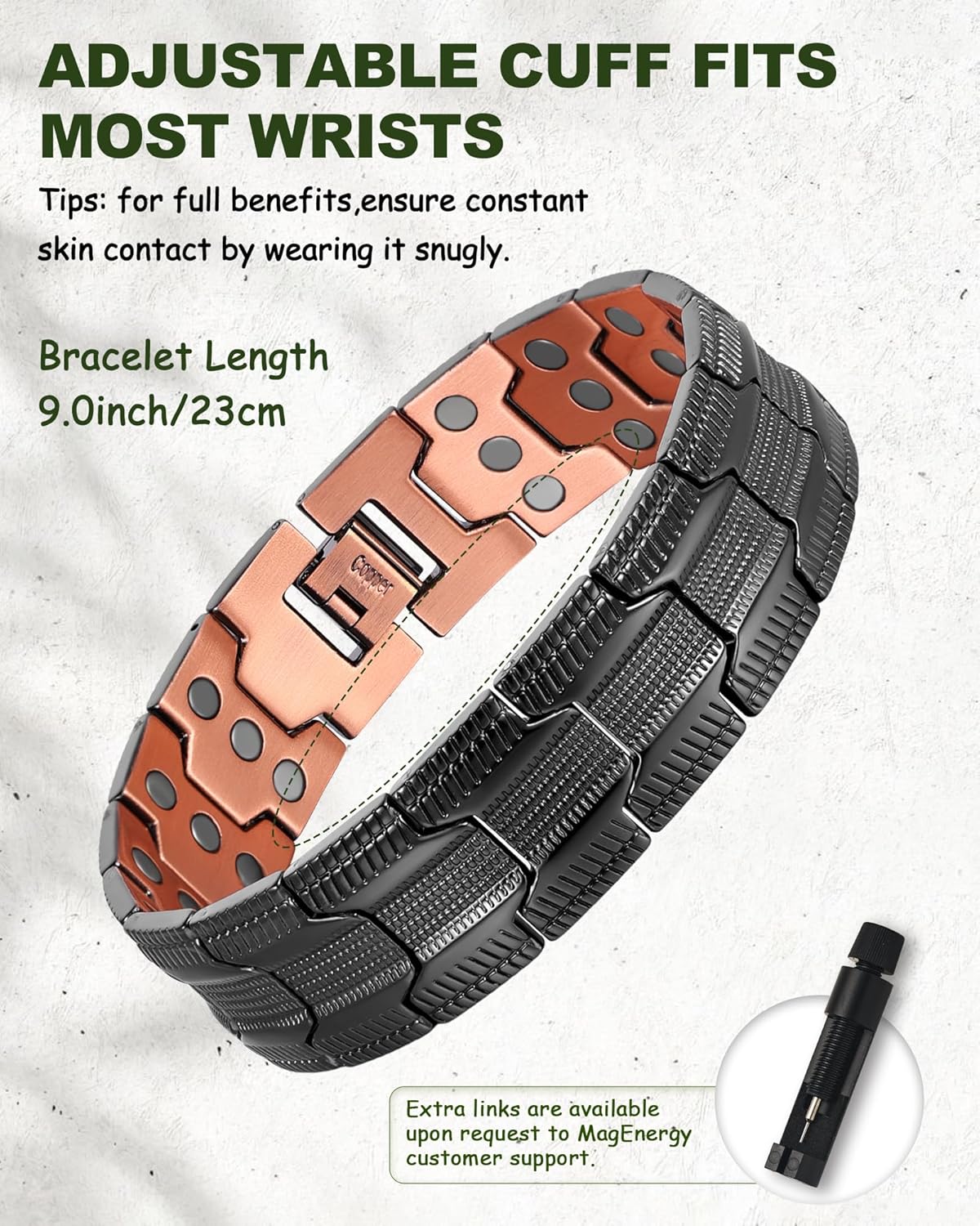 MagEnergy Copper Bracelet for Men, 3X Strength Magnetic Bracelet with 99.99% Pure Copper Ring & 3500 Gauss Magnets, Adjustable Length with Sizing Tool - Image 5