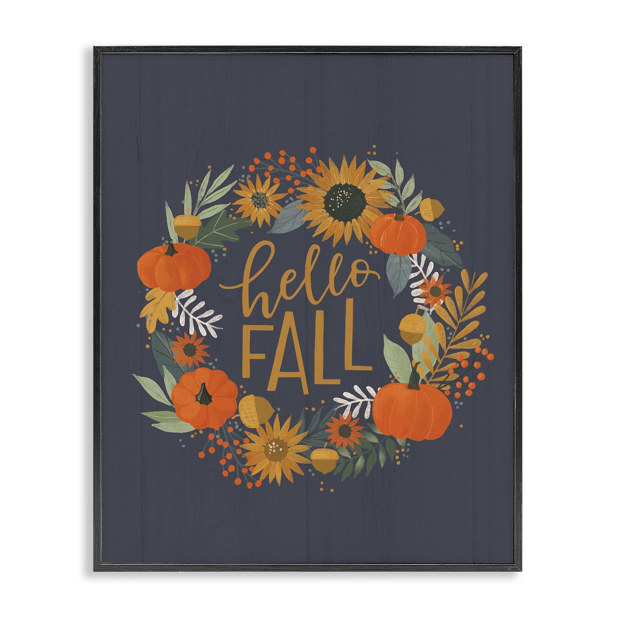 Stupell Industries Hello Fall - Corona de calabaza, diseño de girasol, diseño de Loni Harris con marco negro, color naranja