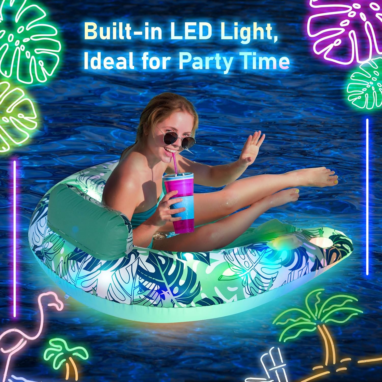 Pool Float with Canopy, Color Changing Lights, Cup Holder, Pool Chair Lounge Float with Adjustable Sun Shade Cover, Drink Holder, Ergonomic Headrest,Inflatable Pool Float for Adults(Green)