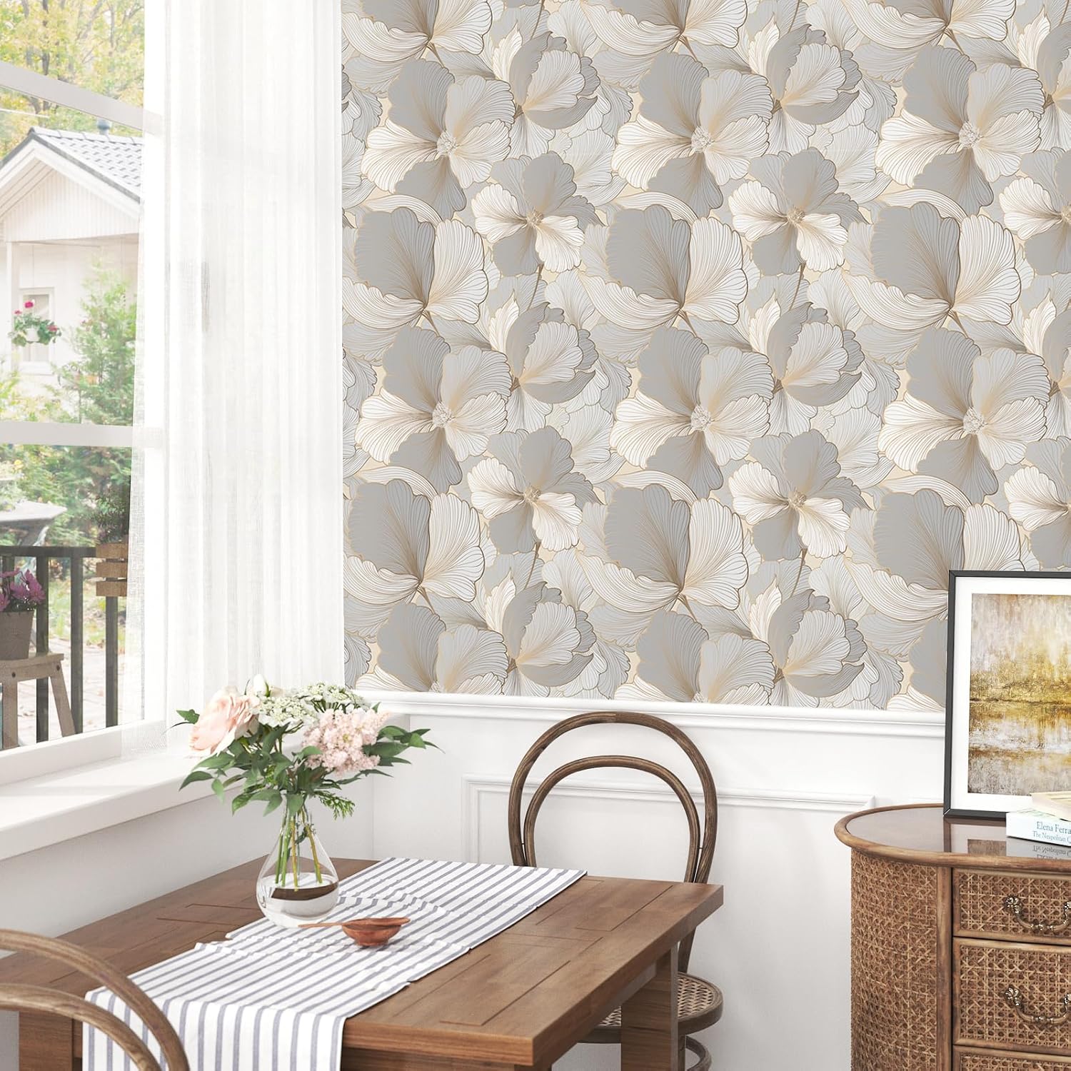 Leaf Wallpaper Grey Gold Ginkgo Floral Peel And Stick Wallpaper 17.5"X394" Vintage Self Adhesive Contact Paper For Bedroom Shelf Liner Accent Wall Boho Floral Sticker Vinyl Wrap For Cabinet