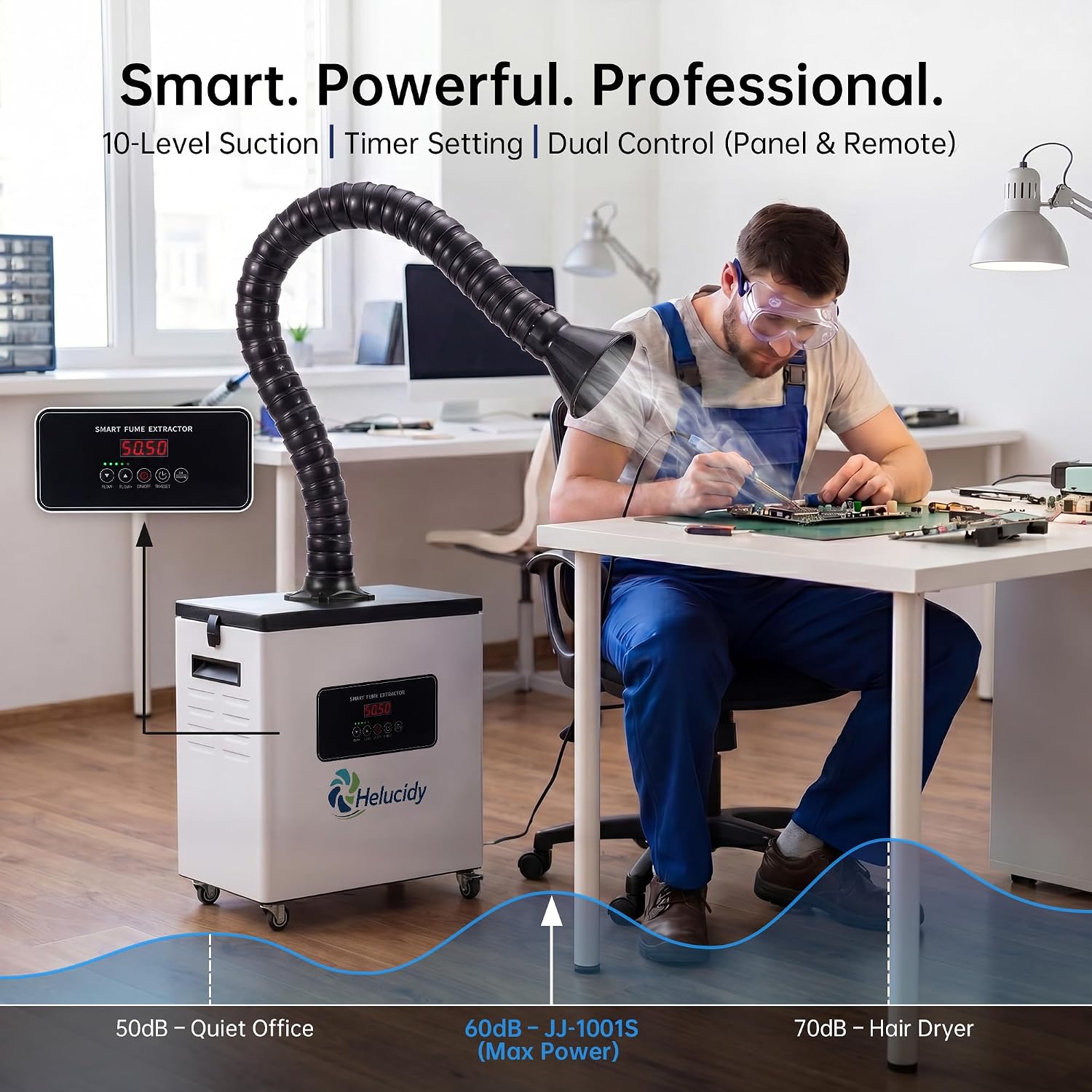 JJ-1001S Professional Fume Extractor, Display Control, 200W , Up to 247 CFM | Including 1*HEPA Filter, 1 *High-iodine Activated Carbon Filter, 12* Pre-Filters. 200W Power, LED Display Control