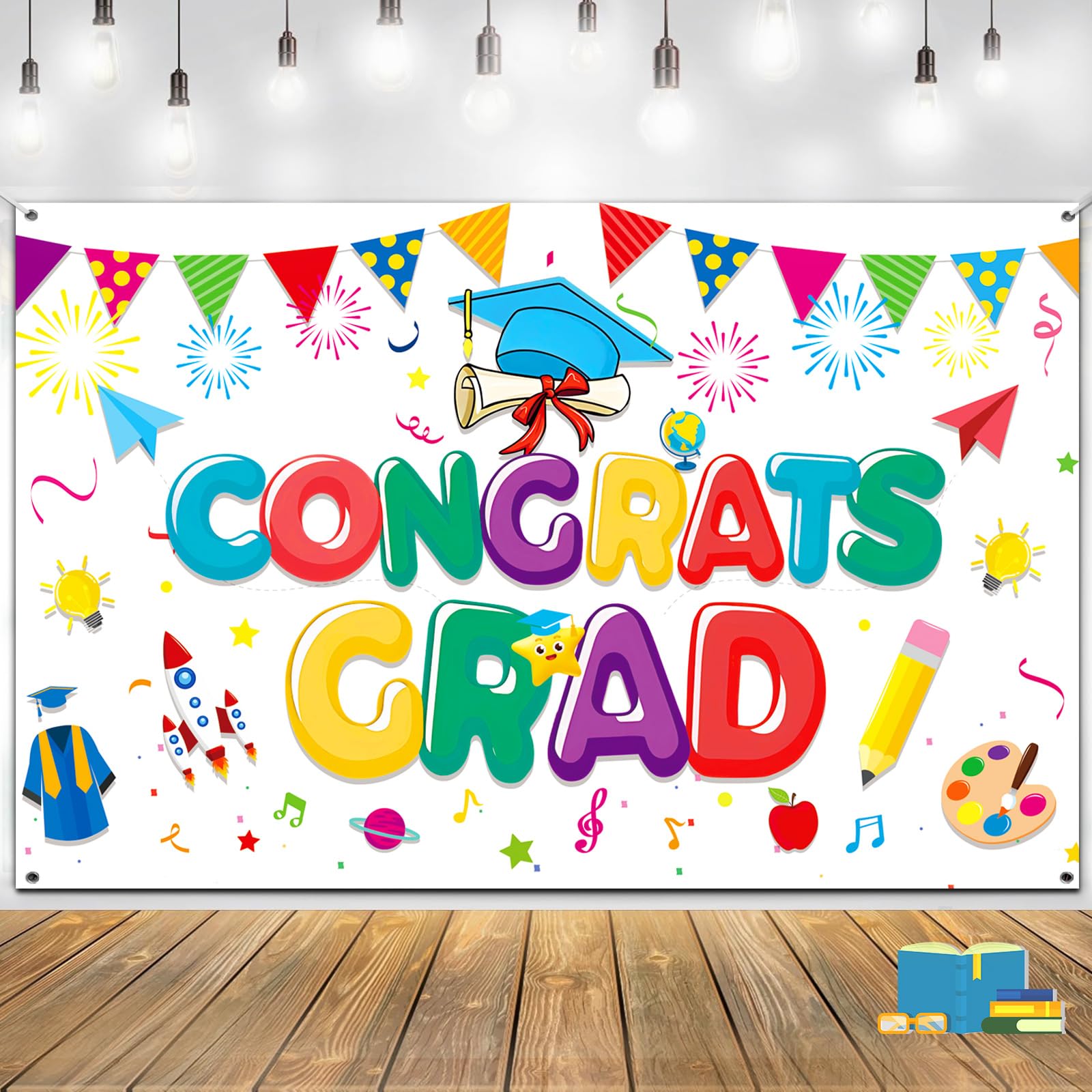 Premium Kindergarten Graduation Backdrop Banner, Large 72x44in, Classic Design, HQ Fabric, HD Printing, Kinder Congrats Grad Backdrop Banner,