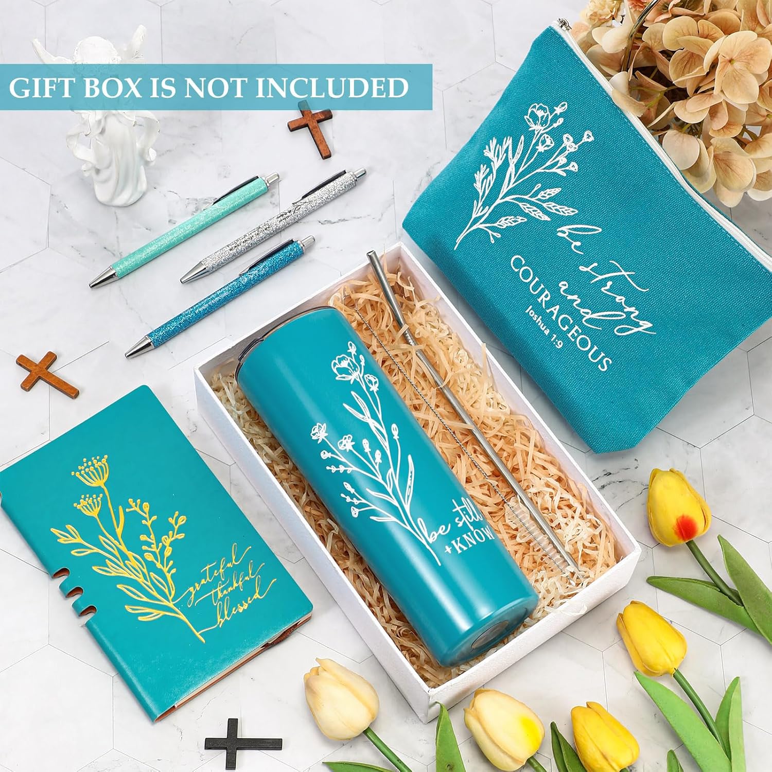 6 Pcs Christian Gift Set for Women Graduation Inspirational Religious Gift 20oz Tumbler Makeup Bag A6 Leather Journal Ballpoint Pens for Coworkers Staff Team Church Teacher Female(Lake Blue) - Image 4
