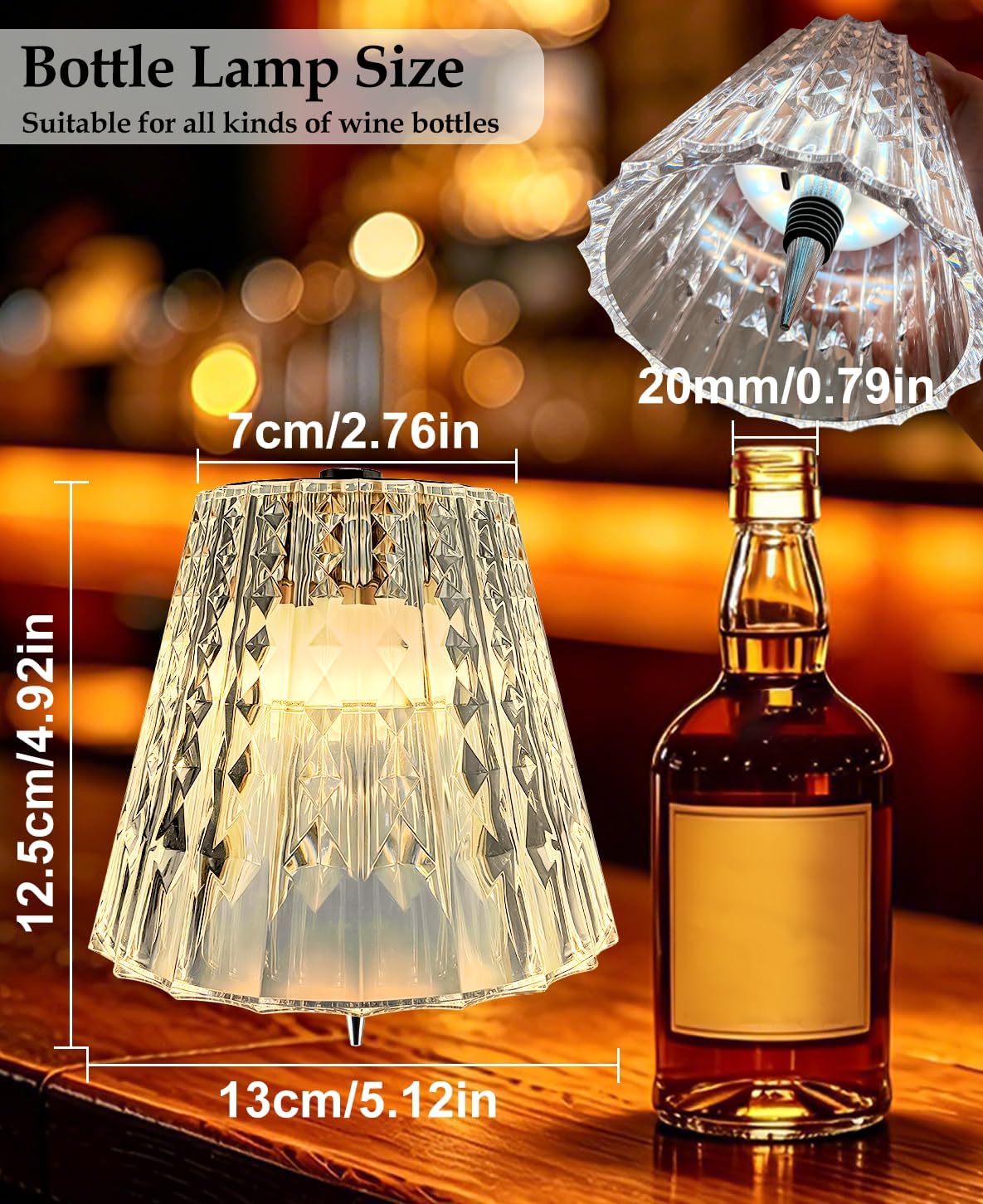 Wireless Bottle Lamp, 3 Color Rechargeable Wine Bottle Lights for Liquor Bottles, Acrylic lampshade Light with Touch Dimming for Room, Bar, Restaurants, Party, Decor
