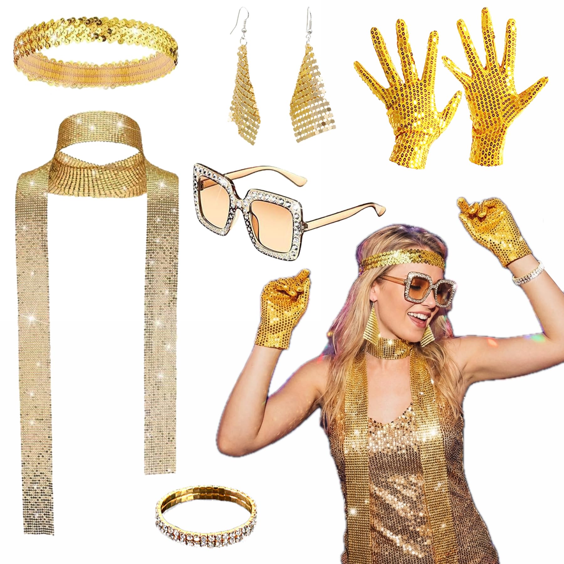 6pcs 70s Disco Accessories Set - Disco Outfits for Women with Glasses, Earrings, Gloves, Bracelet, Headband & Sequin Shawl — view 8