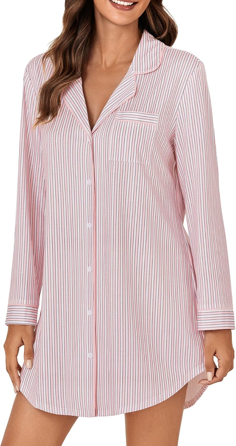 OPOIPIN Women's Striped Nightgown Collar V Neck Button Down Long Sleeve Sleep Shirt Top Nightdress - Image 4