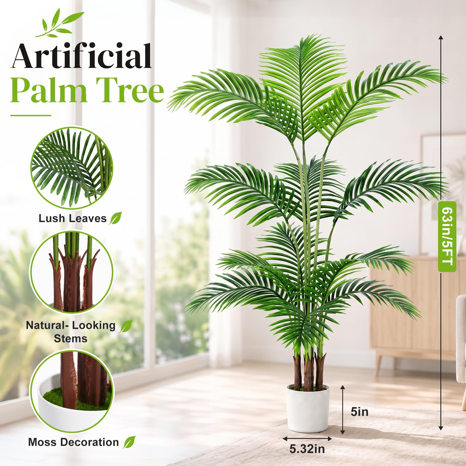 NZQXJXZ Palmera Artificial 160 cm con Cesta de Algodón | Más de 10 Hojas Realistas, sin Mantenimiento, Ramas Ajustables, Ideal para Salón y Oficina