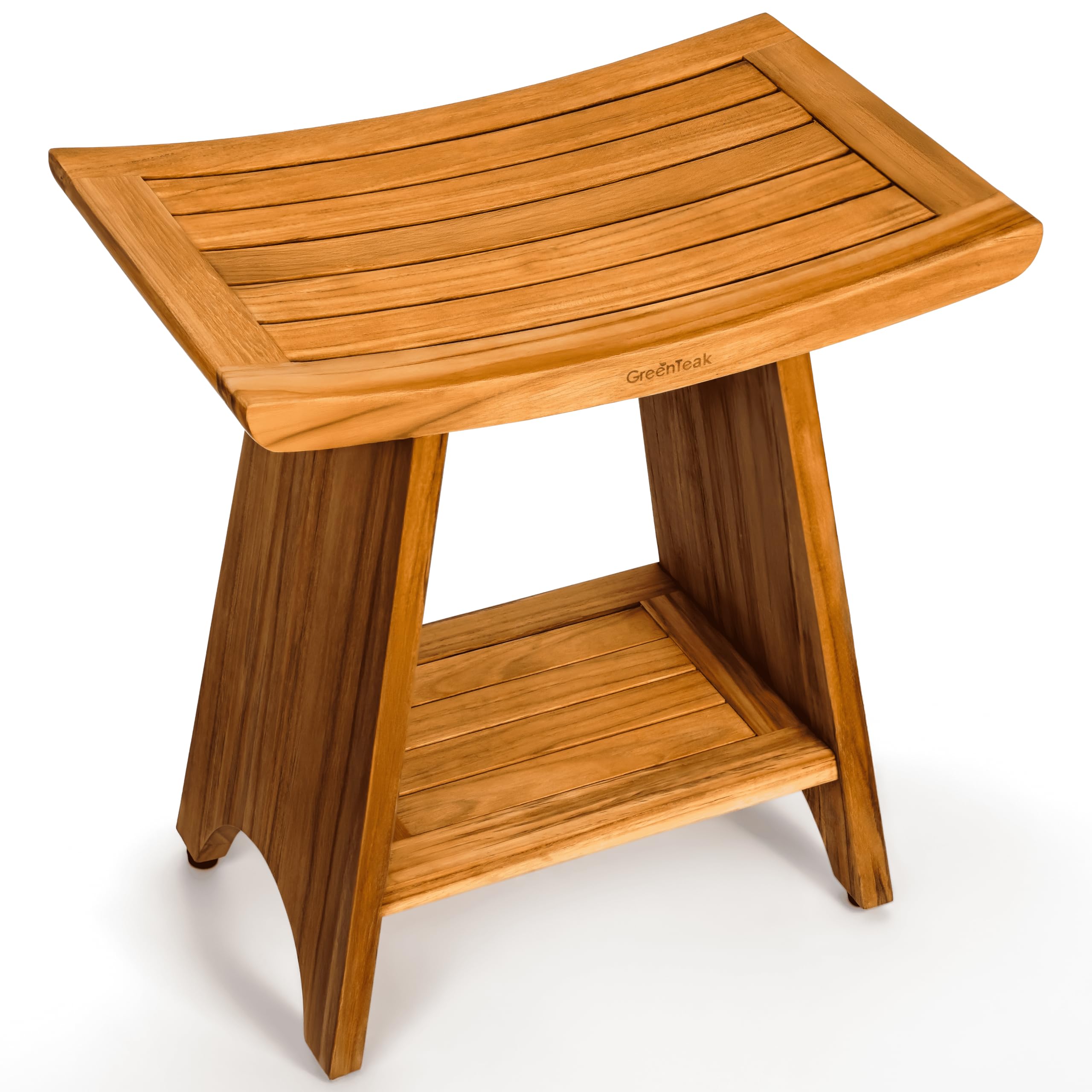 Shower Bench, Waterproof Teak Shower Stool, Wooden Stool for Bathroom, Teak Wood Shower Seat Chair for Shower Storage Shelf, 300 Lbs Capacity, Provides Safety (18" with Shelf, Curved)
