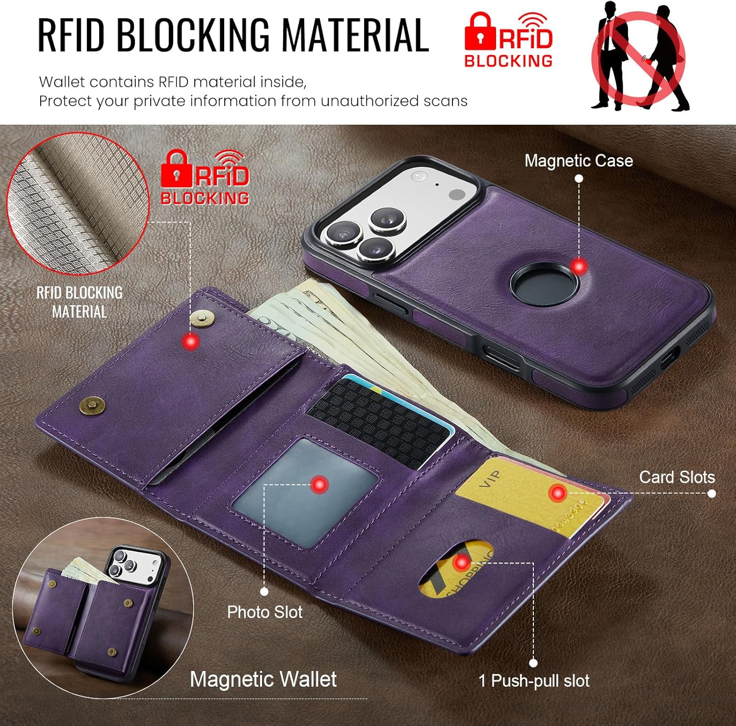 Asuwish Phone Case for iPhone 17 Pro Max 6.9 inch Wallet Magnetic Detachable Cell Cover with Wireless Charging and RFID Blocking Credit Card Holder Flip i Phone17 17Pro i17 ProMax 17ProMax Men Purple