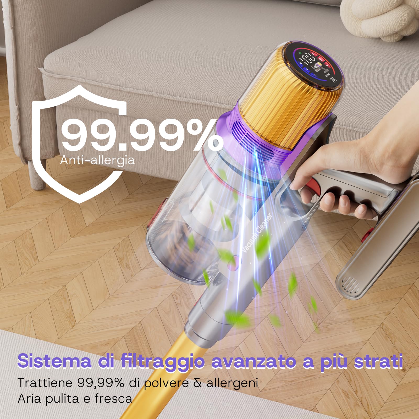 Aodebiao V16 Aspirapolvere senza Fili 55Kpa/600W/80Mins, Scopa Elettrica senza Fili Potente con LED Touchscreen, Anti-Groviglio, Modalità Automatica per Pavimenti/Tappeti/Peli Animali