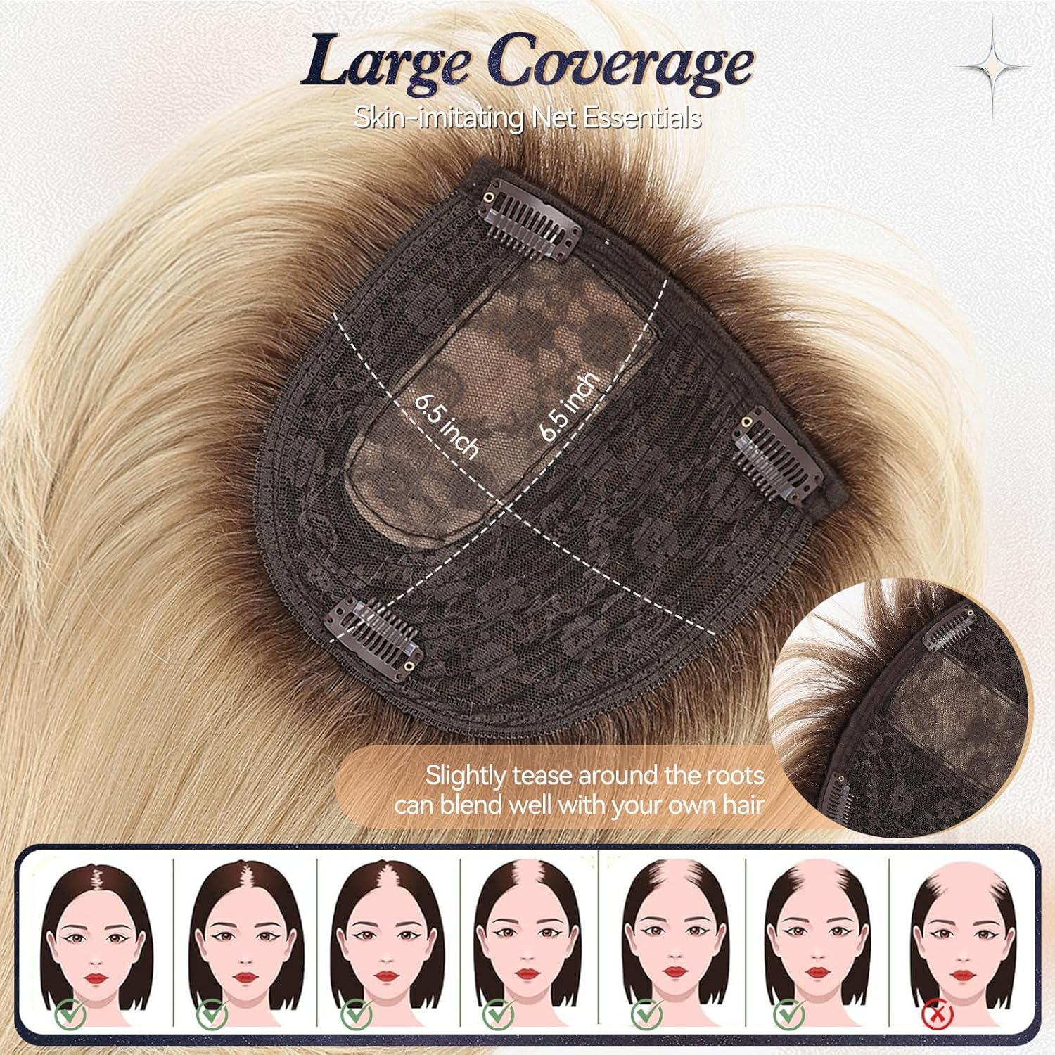starluck Hair Topper for Women Real Human Hair, 6.5x6.5 inch Base ombre Light Blonde Short Bob with Bangs Side Part SilkHug Human Hair Topper for Women with ThinngHair Cover Gray Roots-10 Inch
