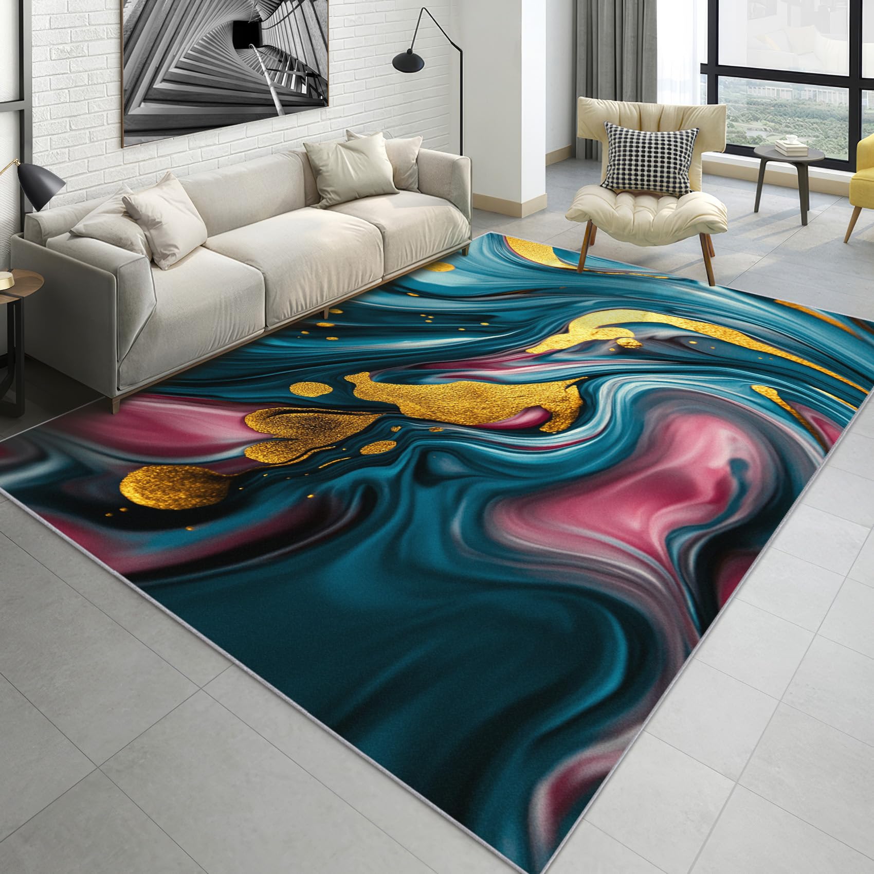 MMYAOKEN Marble Rugs for Living Room - Marble Rugs 4x6, Teal Gold Pink Area Rug for Living Room Bedroom, Washable Non Slip Non Shedding, Abstract