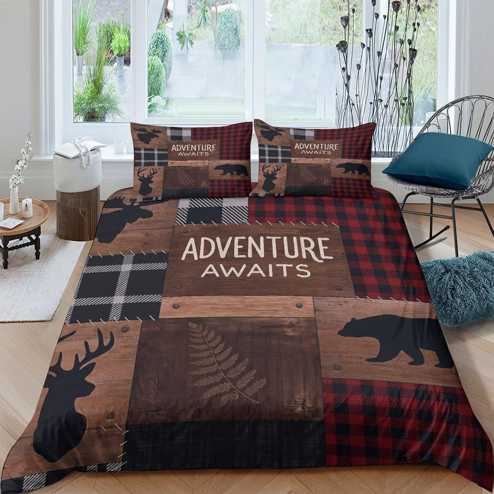 Ctjqhvkz Style-1 3D Printed Plaid Cabin Adventure Fitted Sheet Microfiber Soft Breathable Bear Forest Mattress Cover Bedroom Decor Single（135X200cm）