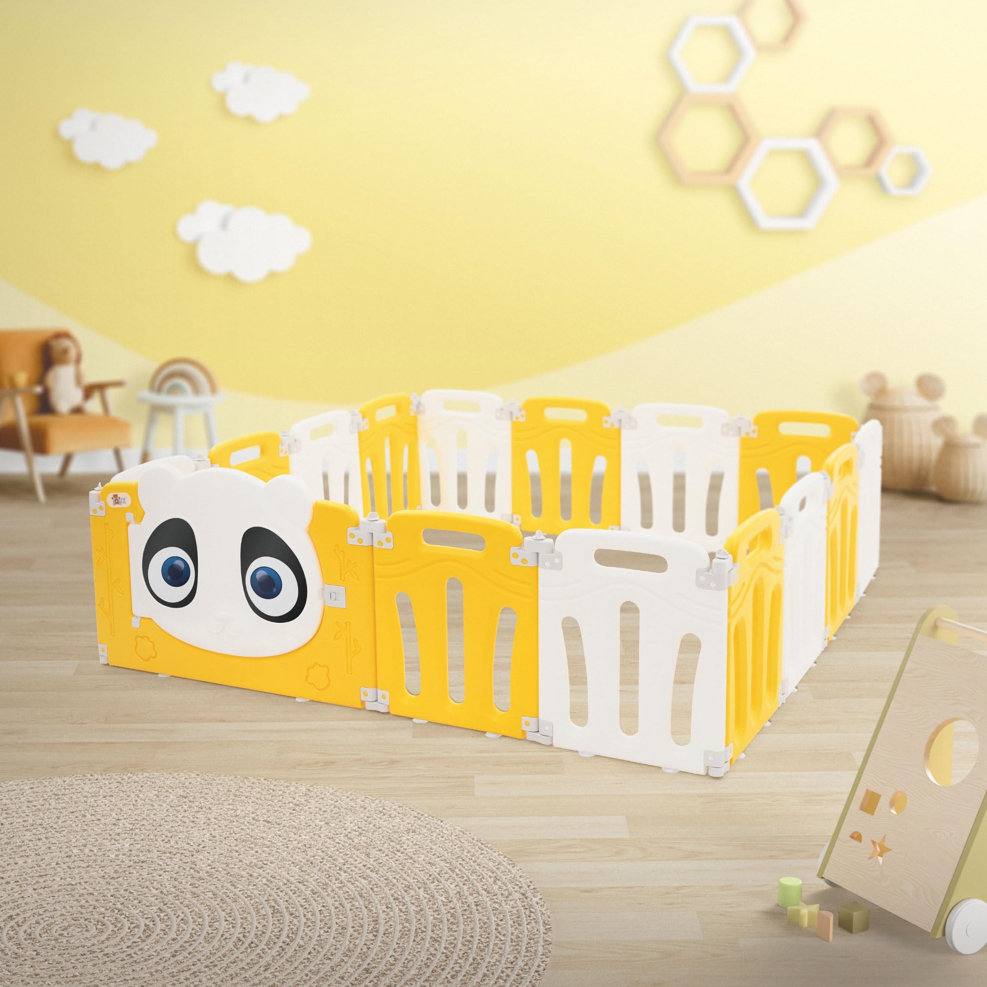 Joyz Box Bambini 160x160 cm Pieghevole Design Panda Bianco/Giallo Cancelletto con Porta e Orologio Didattico Recinto in Plastica per Interni/Esterni Cancelletto per l’Esplorazione dei Neonati