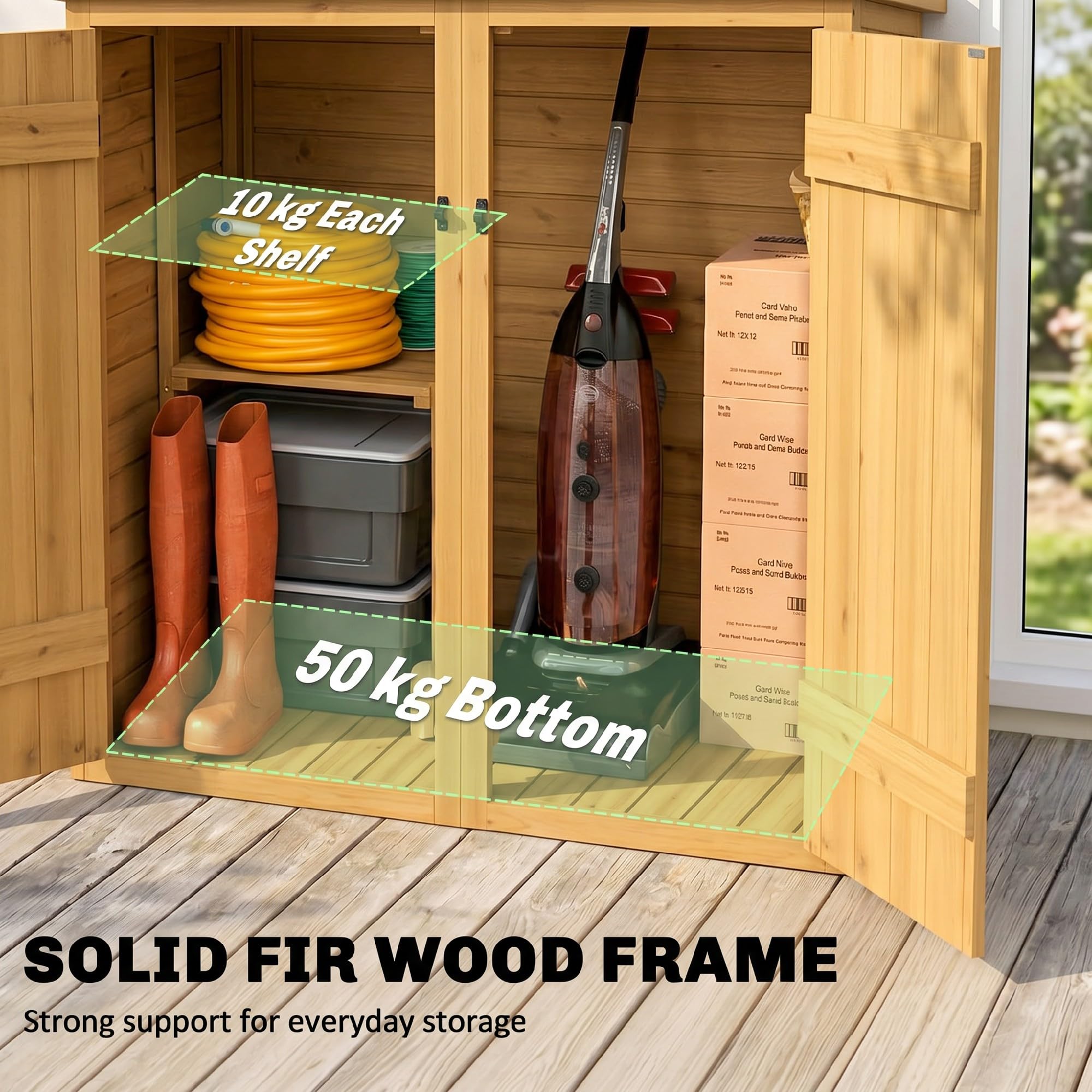 Outsunny Armadio da Giardino in Legno di Abete con 2 Ripiani, Casetta Attrezzi Giardino con Doppia Porta e Chiavistelli, Tetto Inclinato, Capanno Porta Attrezzi per Esterno 115x53x156 cm Marrone