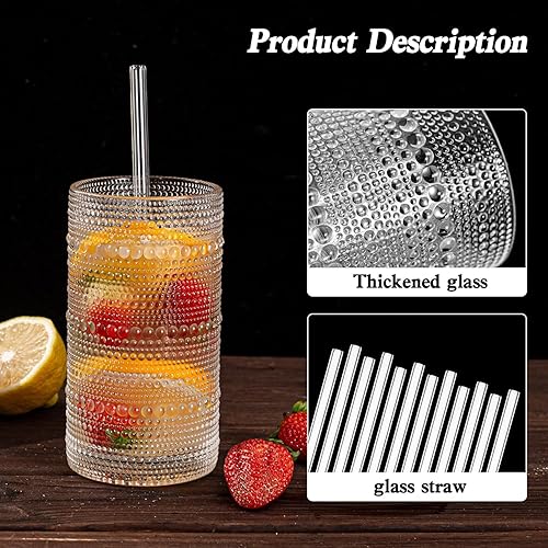 Miniatura 5 de Juego de 15 vasos de hobnail de 16 onzas  16.2 fl oz vintage con pajitas, tazas gruesas en relieve para agua, café helado, jugo, cócteles, cocina o