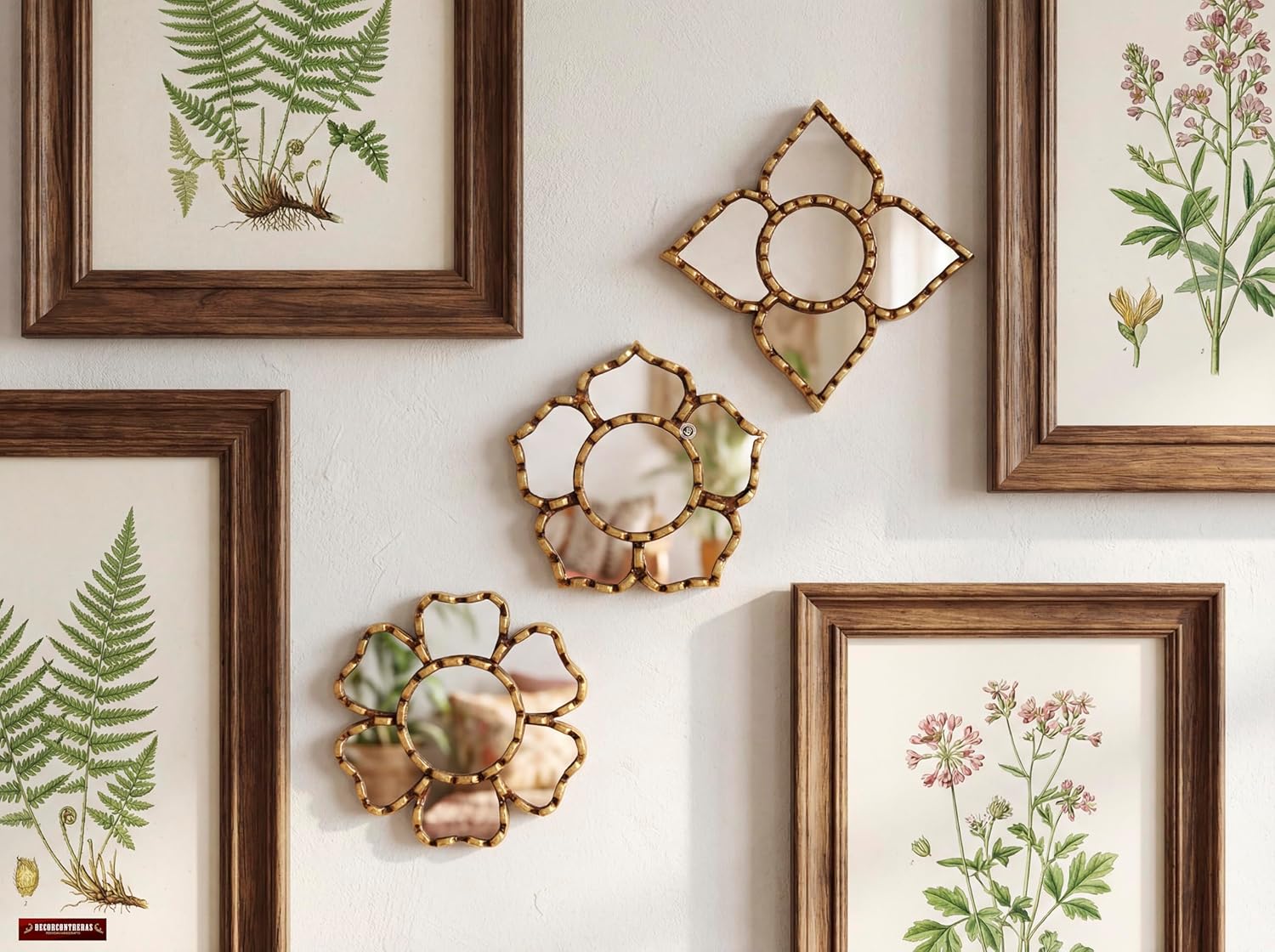 Set of 3 Small Bronze Leaf Wall Mirrors Handmade in Peru Floral Reverse Painted Glass Decor