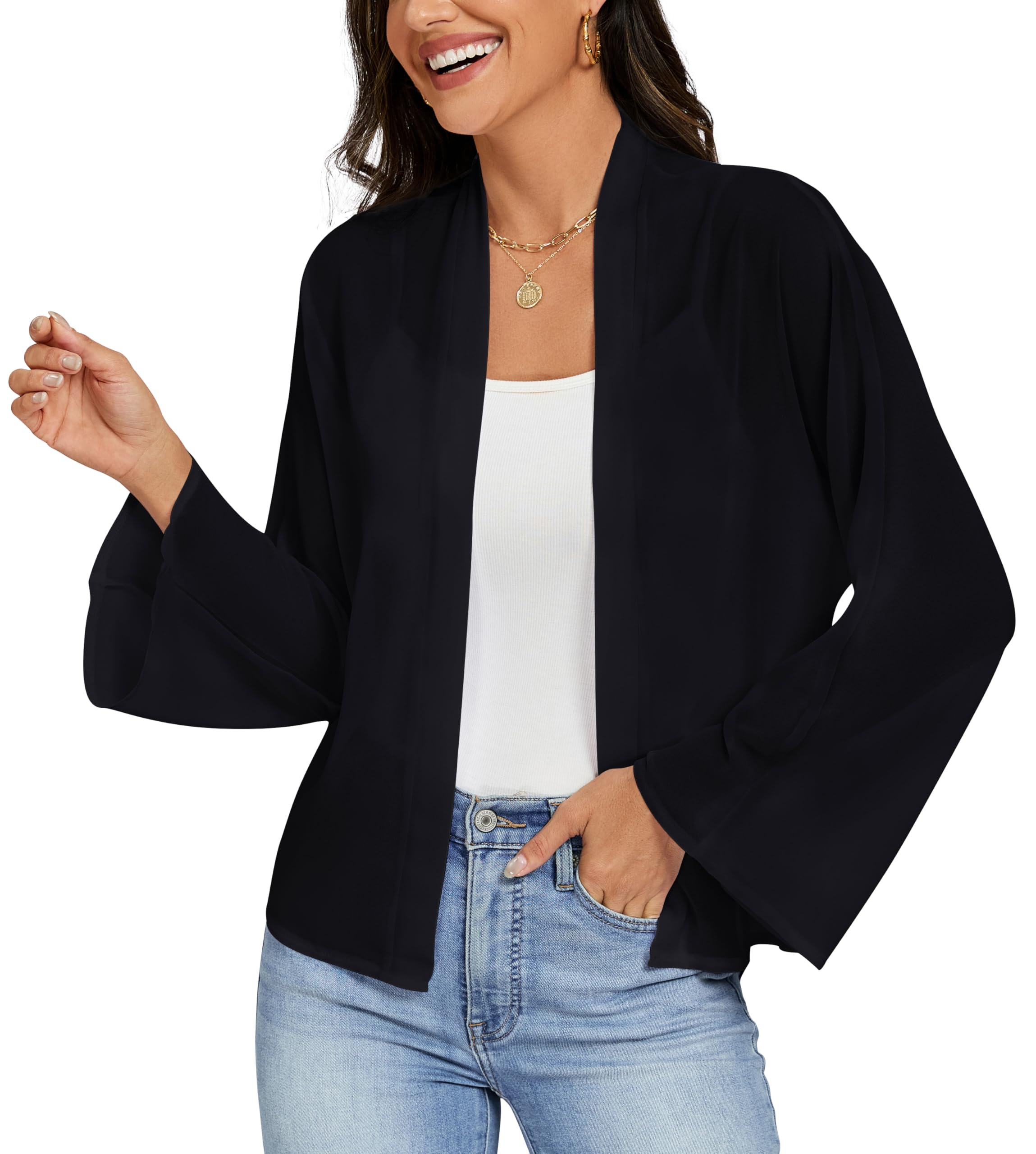 Coprispalle Donna Elegante Cerimonia Cardigan Bolero Top Chiffon Manica Lunga Shrug Aperto sul Davanti Giacca Corta