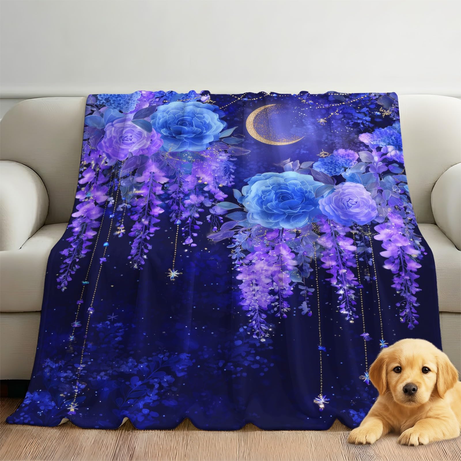 Przytulny koc 180 x 200 cm – przytulny koc do mieszkania, fantazyjny, romantyczny koc polarowy, miękki i ciepły, gwiaździste niebo, kwiaty, koc do mieszkania, flanelowy, puszysty koc