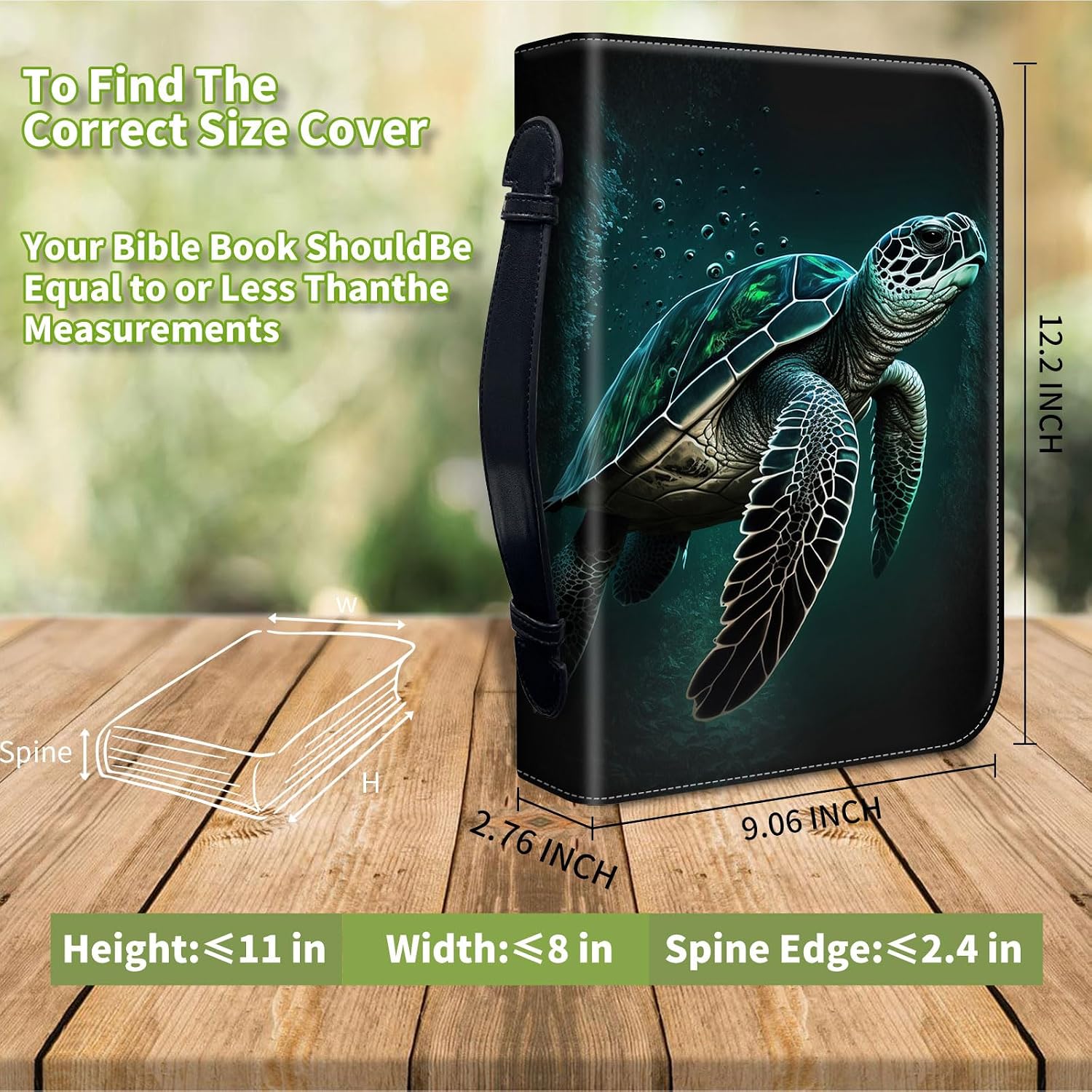 Bible Covers for Women Men, Carrying Book Case Church Bag Bible Protective PU Leather Bible Case with Zippered Pocket,for Standard and Large Size Study Bible 10x7.5x1.9 in,Cute Green Sea Turtles image 4
