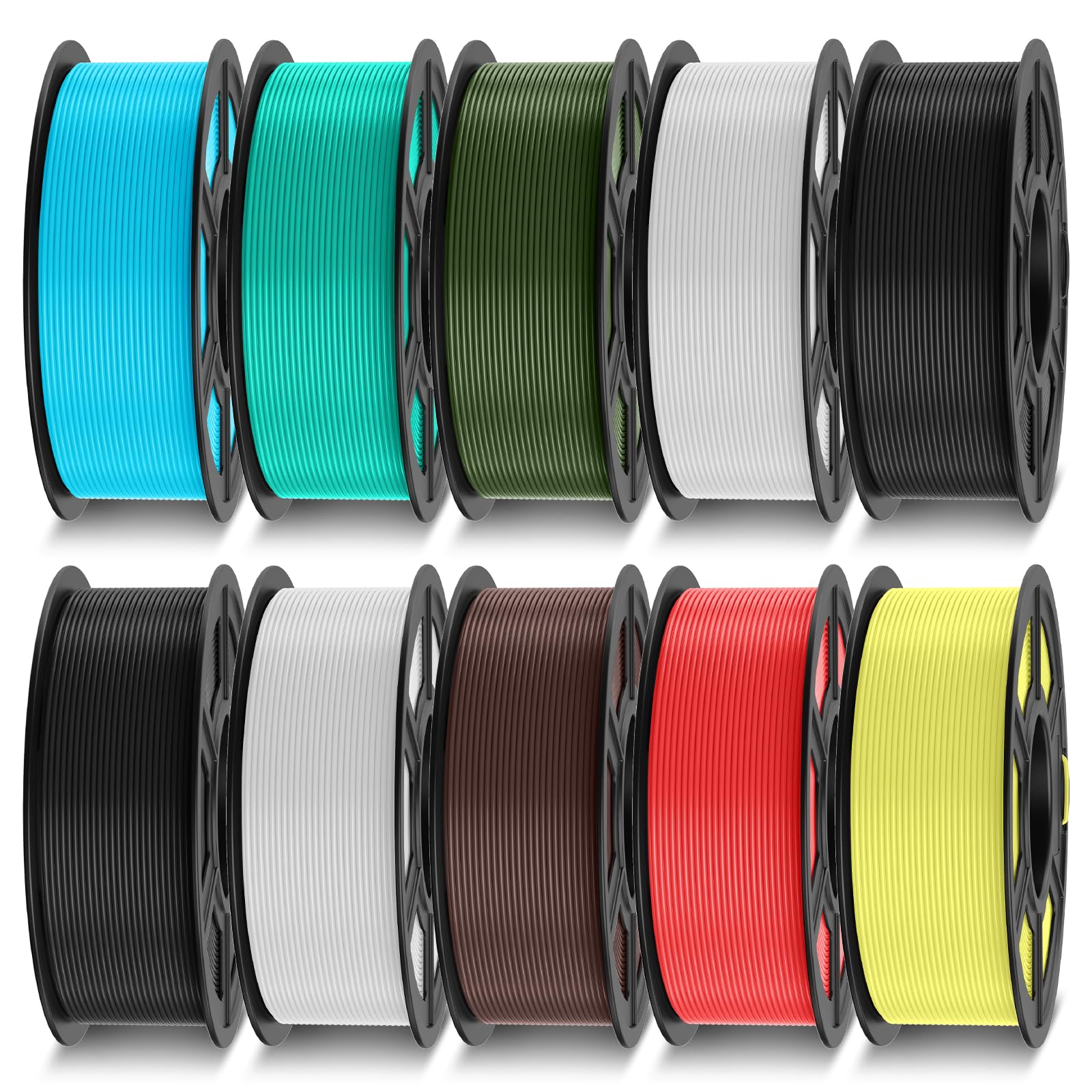 TECBEARS Filamento PLA Multicolore Bundle 1.75 10KG, Filamento para Impresora 3D, Negro*2 + Blanco*2+ Azul Cielo + Color Chocolate + Amarillo LimóN + Rojo Cereza + Verde Menta + Verde Oliva