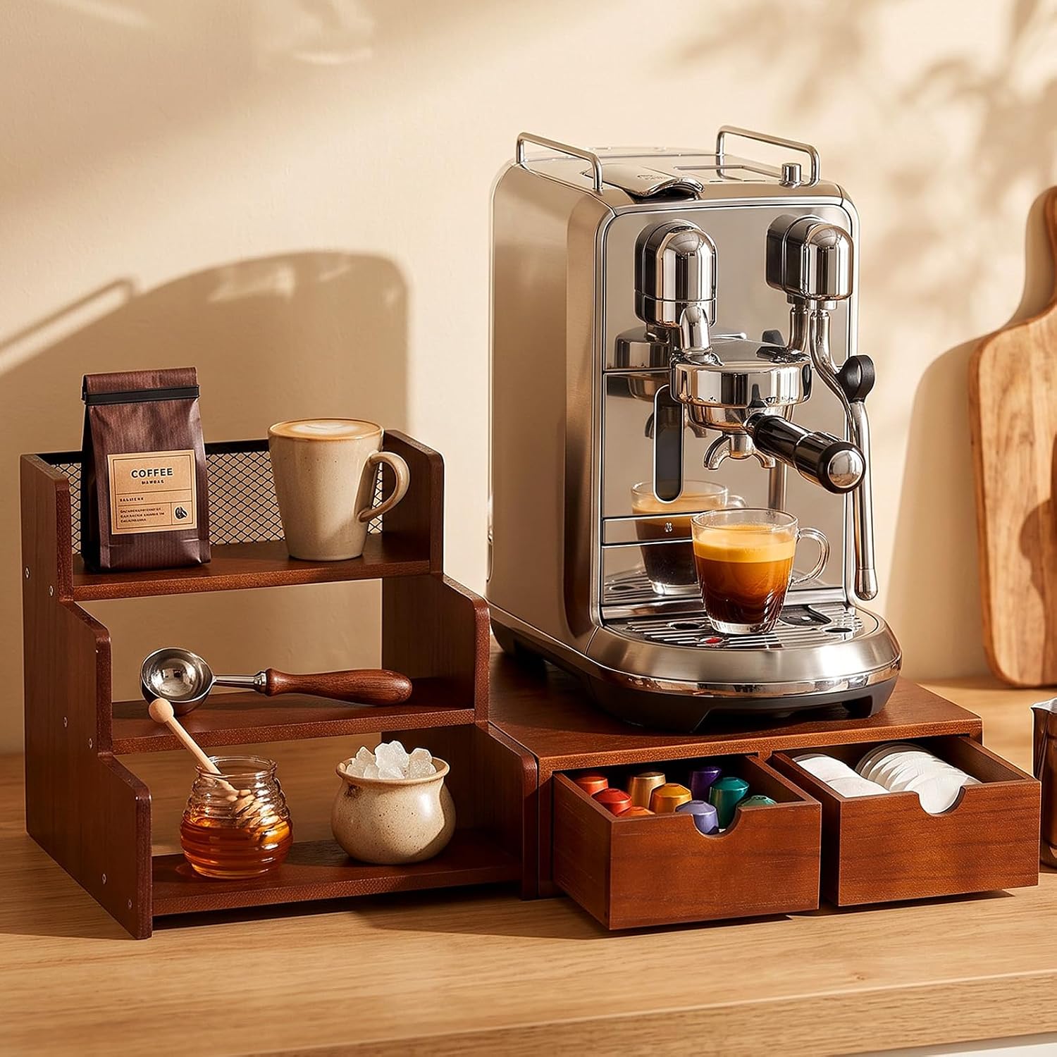 Wooden Coffee Station Organizer with Cup Holders for Countertop