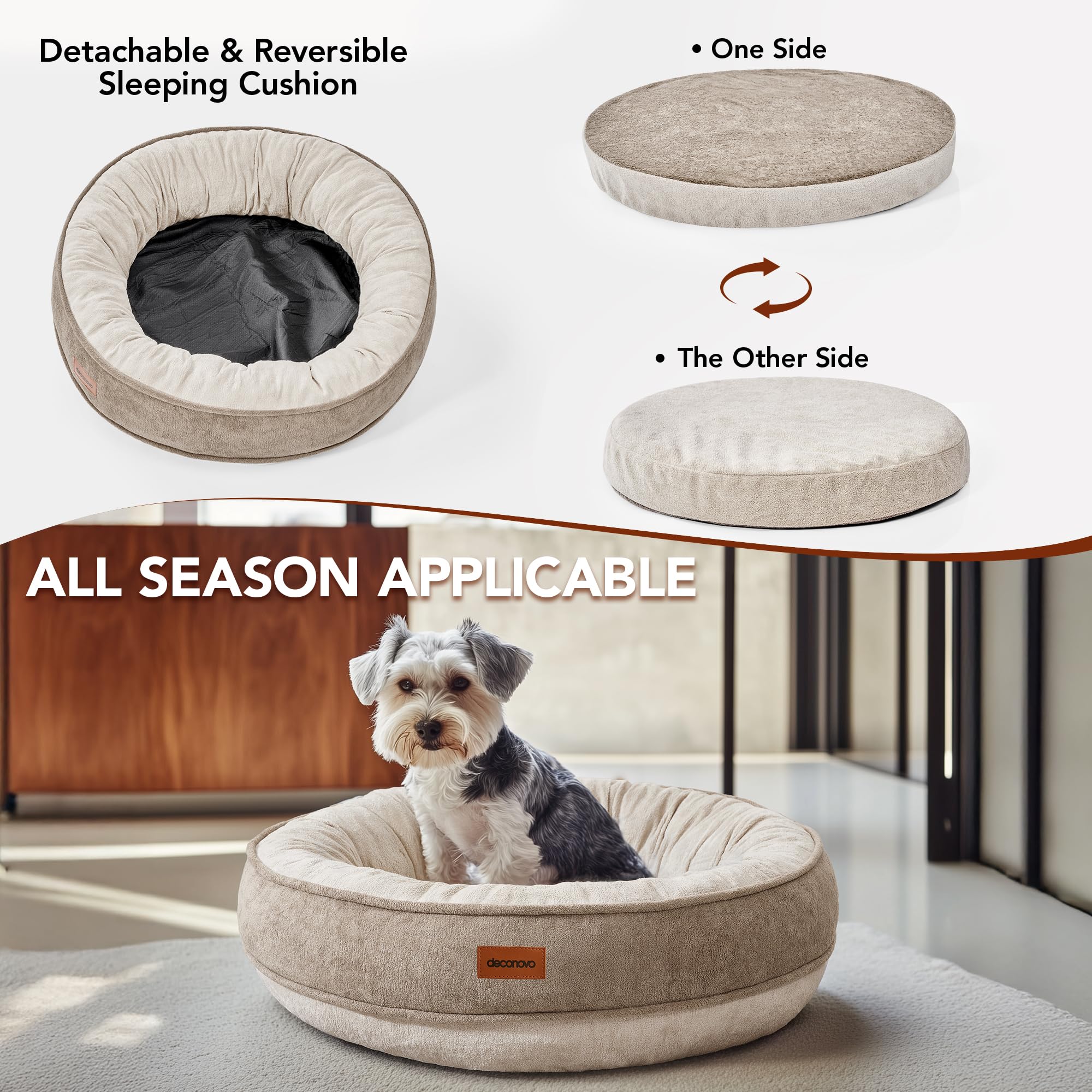 Deconovo Letto Ortopedico per Cani di Taglia Media e Grande, Soffice e Lavabile, con Cesto per Cani a Forma di Ciambella in Pile,61x61x15cm, Cachi