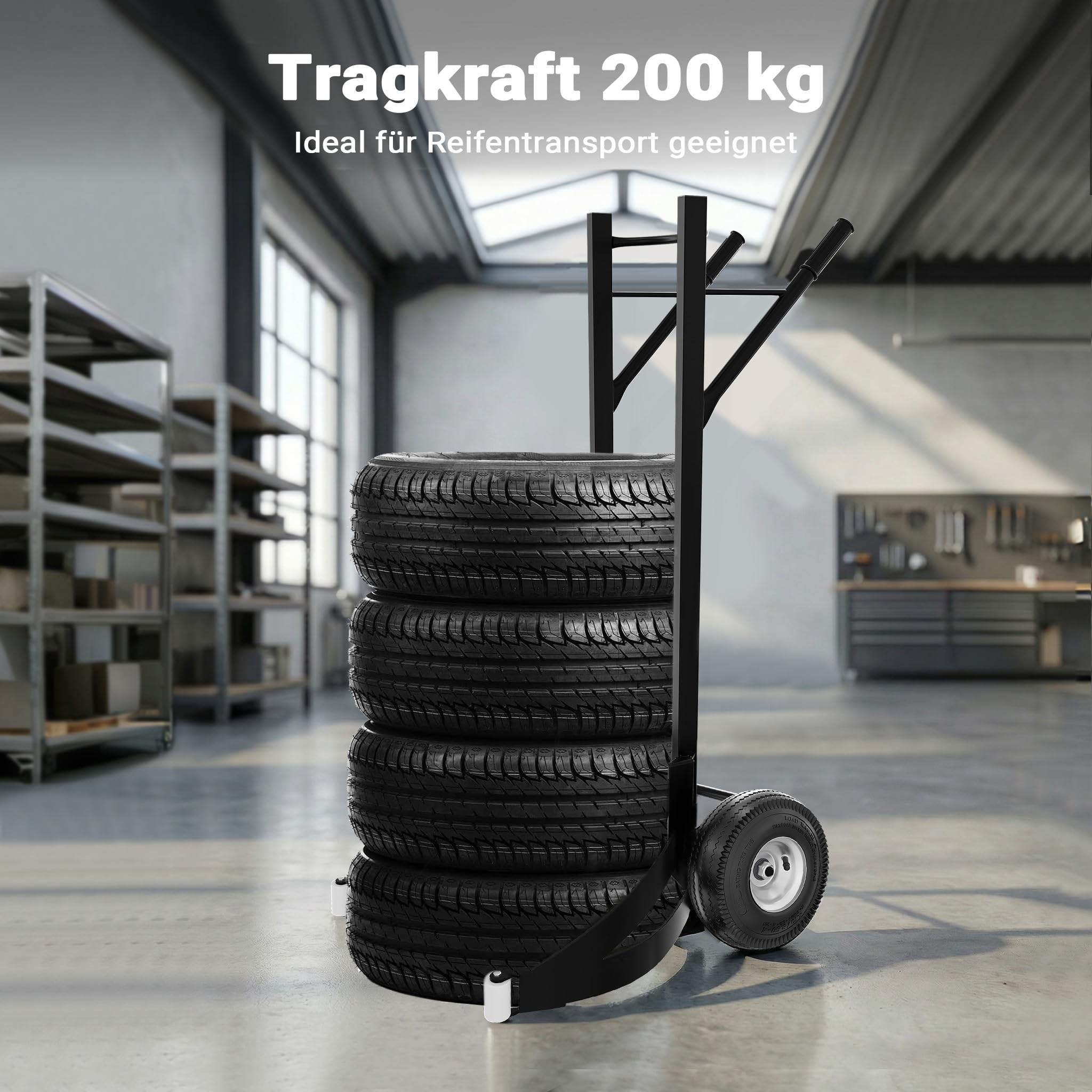 Wiltec Reifenkarre bis 200 kg mit Kippsystem, Transportkarre mit PU Rädern, Reifenwagen mit verstellbaren Greifarmen