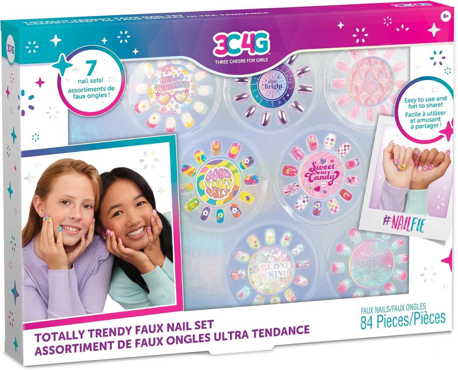 3C4G: Totally Trendy Faux Nail Set - 7 Nail Sets Each w/Unique Colors & Patterns, Adhesive Backs, Three Cheers for Girls, Girls & Tweens Ages 8+