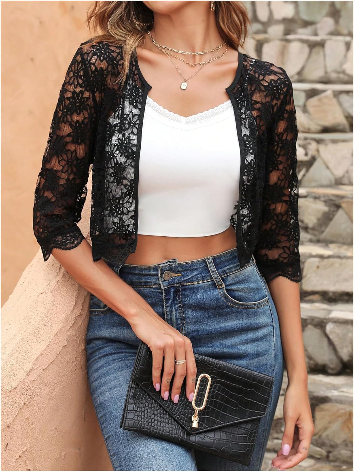 SHENHE Women's Sheer Lace Open Front 3/4 Sleeve Lightweight Cropped Jacket Shrug Bolero - Image 5