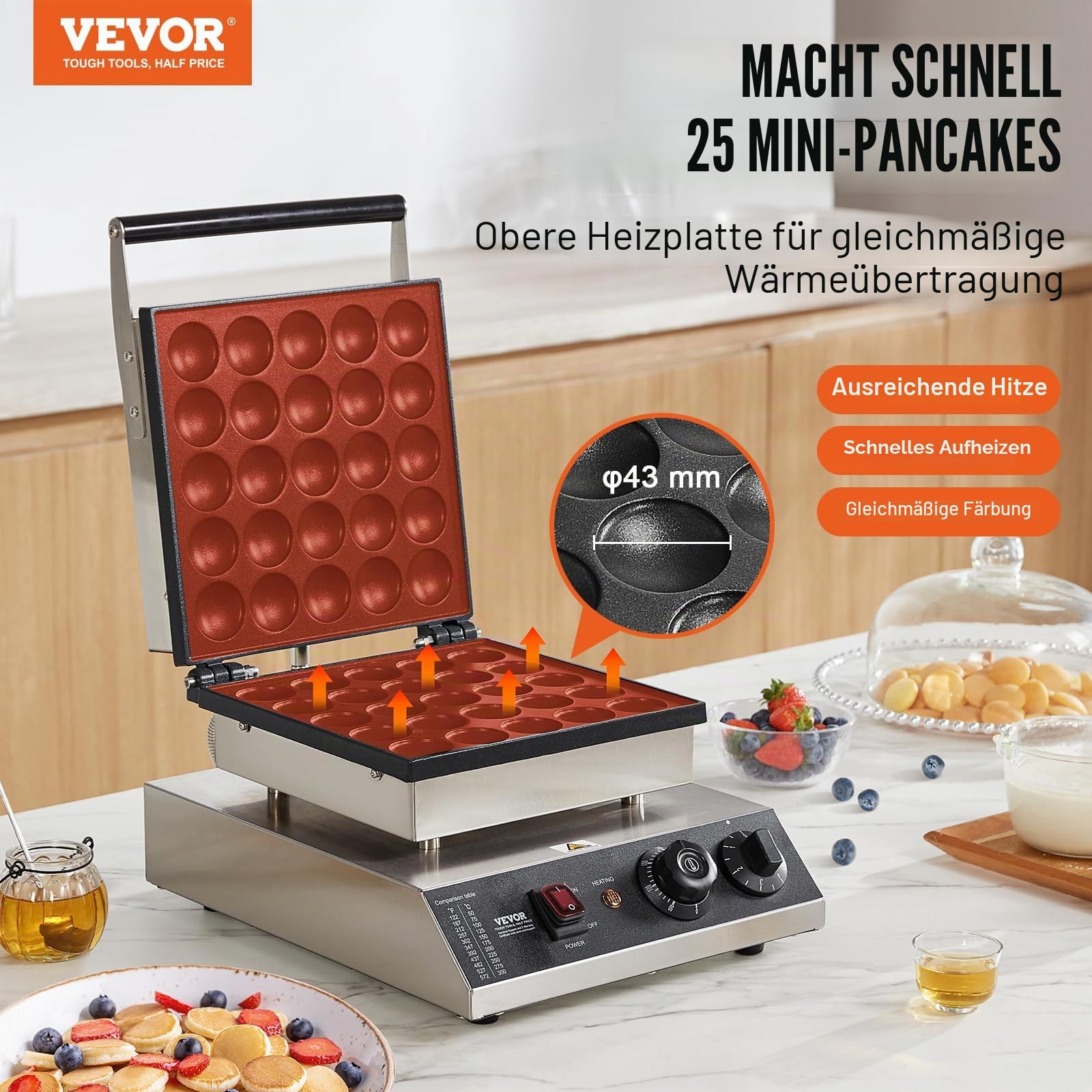 VEVOR Mini-Pfannkuchenmaker kommerzielle Dutch Mini Pfannkuchen Maschine, 25 Stk., 43 mm Durchmesser, Dorayaki-Backmaschine, 1700 W, Temperatur- und Zeitregelung, in Küchen, Cafés und Restaurants