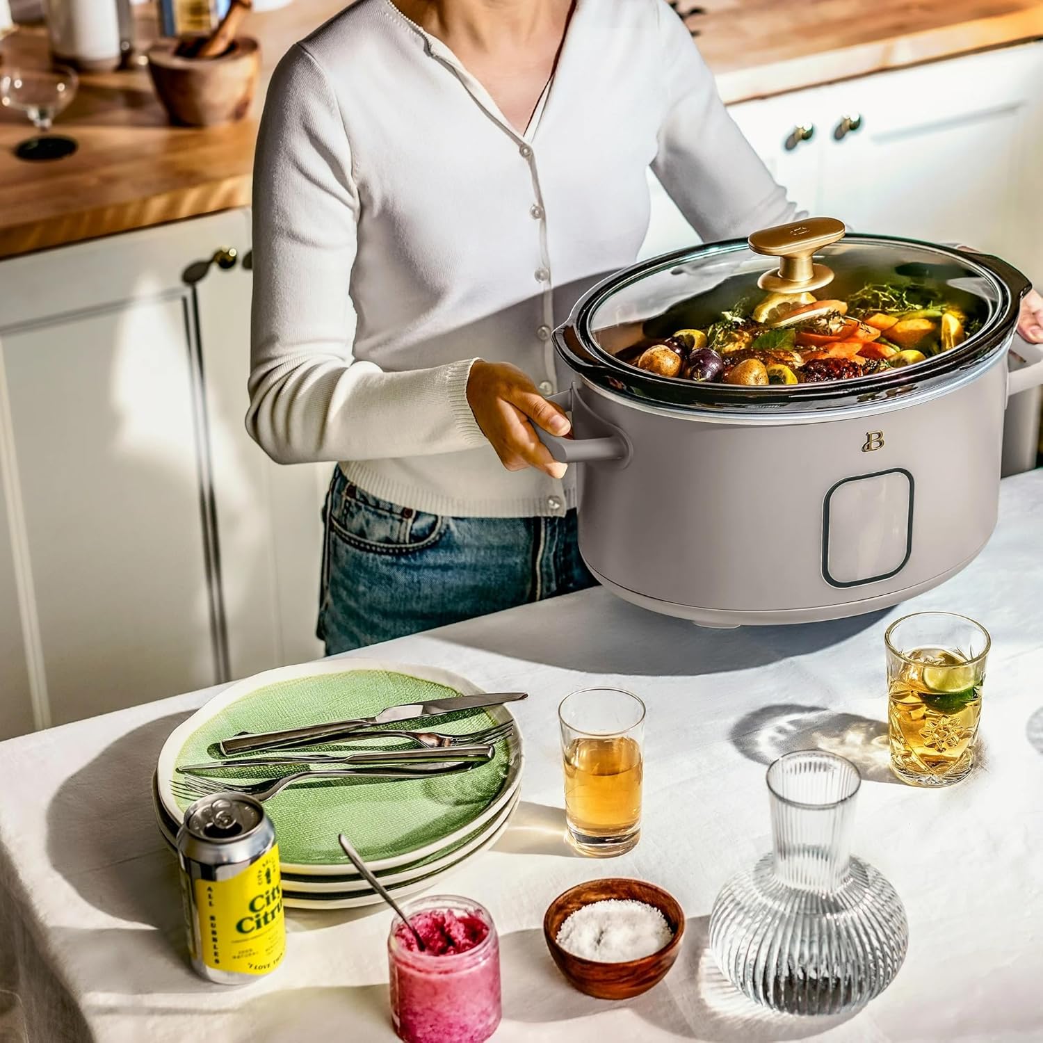 B 6 Quart Programmable Slow Cooker, 5 Cooking Presets, Digital Countdown Timer, Dishwasher Safe Parts by Drew Barrymore (Porcini Taupe)