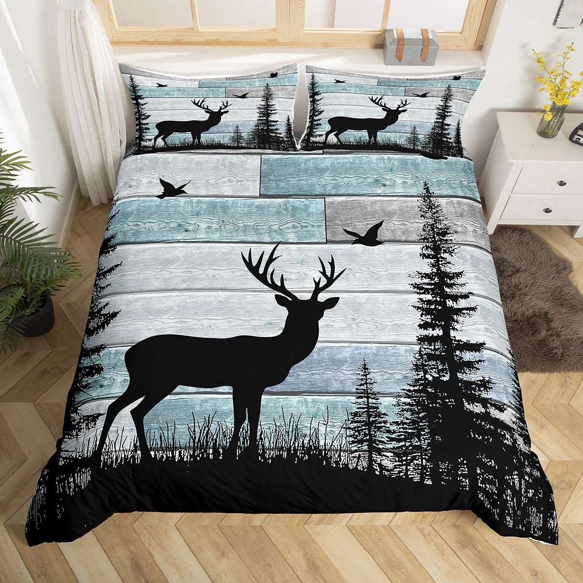 Forest Deer Bedding Set Rustic King Duvet Cover,Cabin Farmhouse Country Lodge Down Quilt Cover,Western Animal Moose Print Bedding for Adult Women Man Bedroom,2 Pillowcases,Blue Grey Bed Set